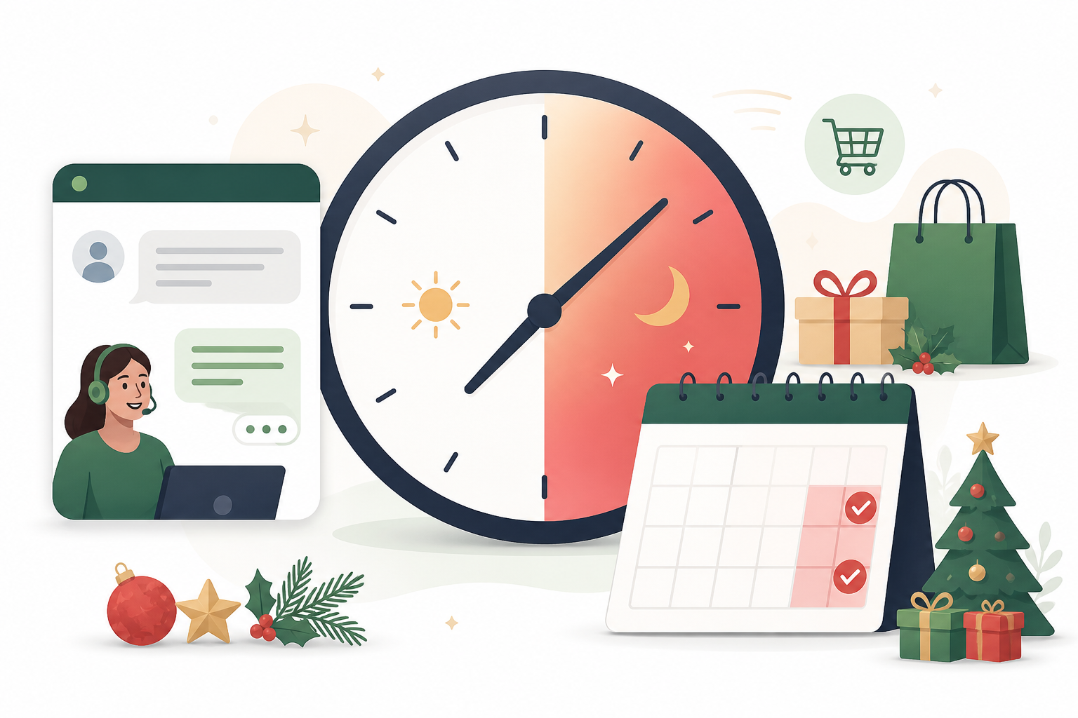 Illustration: A clock face illustration highlighting peak shopping hours in the evening and weekend, with a small live chat widget icon showing an agent responding to a customer inquiry for Preparing Your E-commerce Support Team for Holiday Traffic