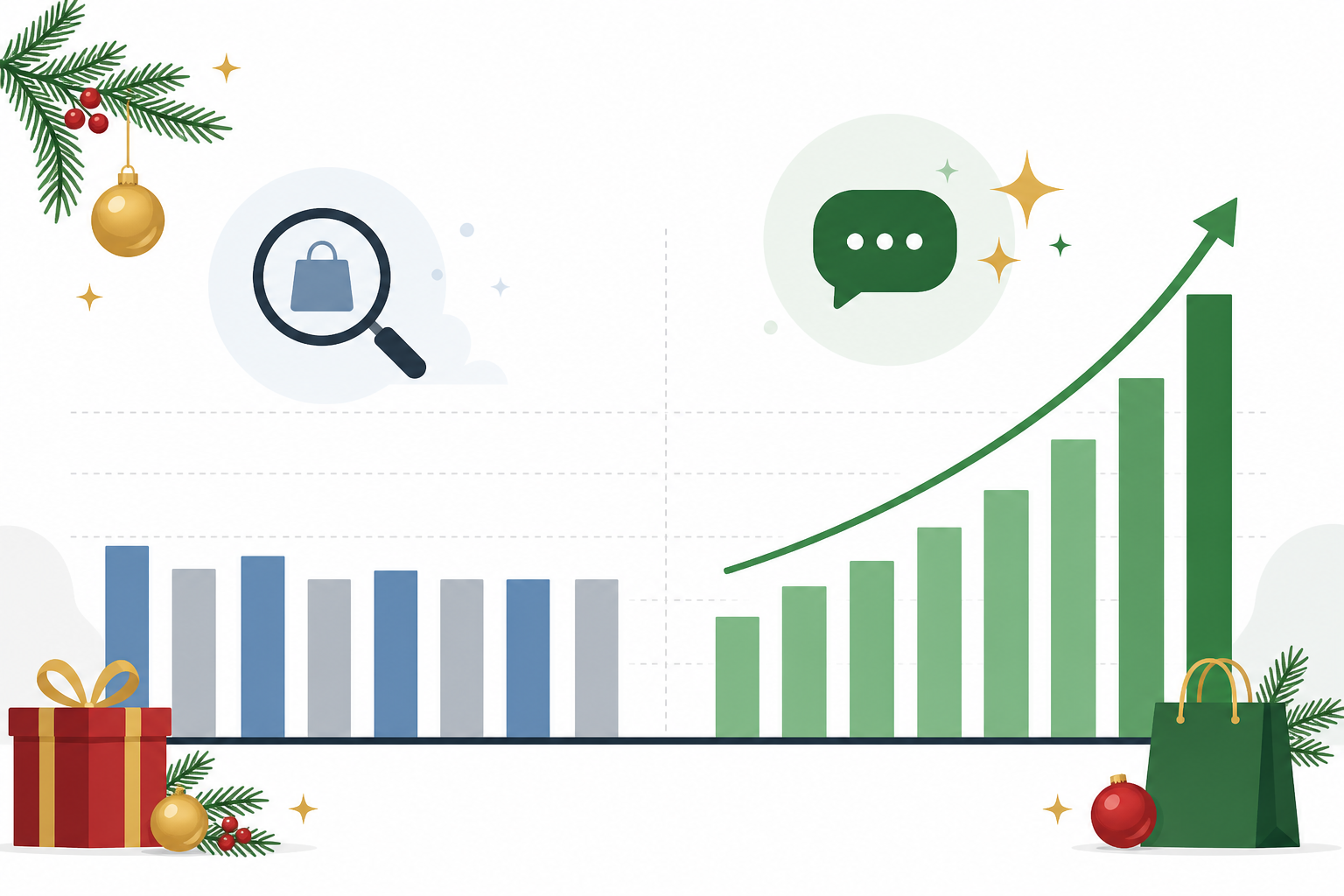 Chart: A simple bar chart comparing traditional search behaviour versus conversational AI shopping queries during holiday season, showing rising usage trend line for AI assistants, clean minimalist infographic style with festive red and green accents for Preparing Your Store for Holiday AI Shopping Searches