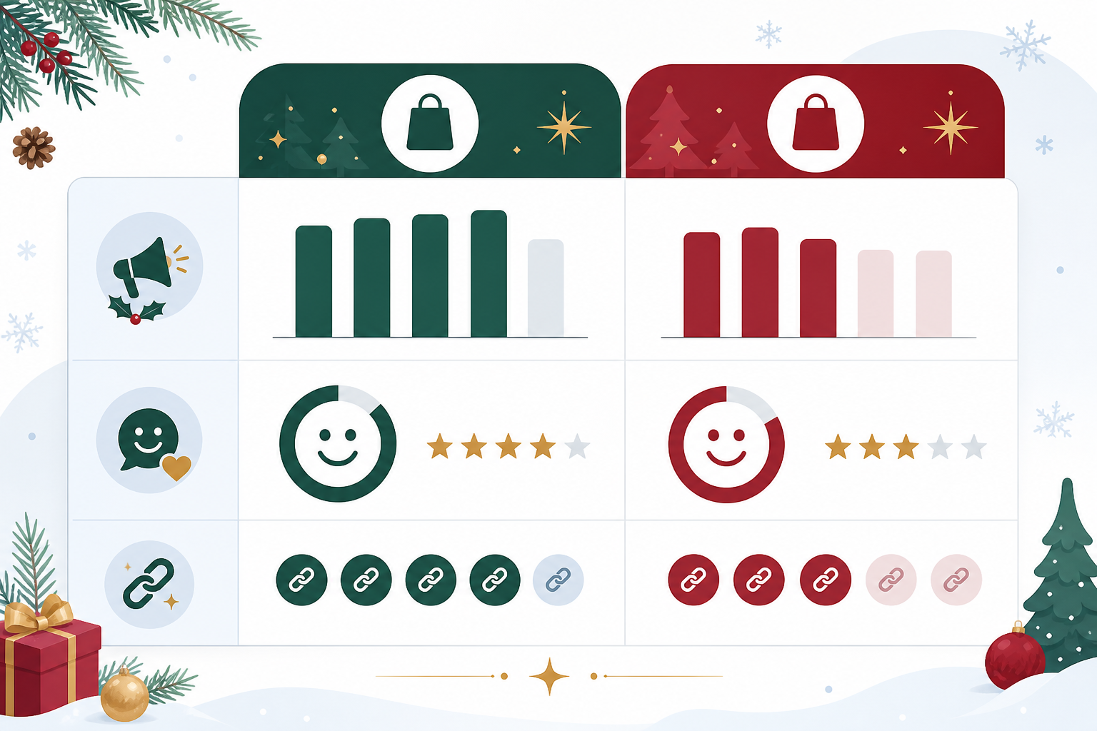 Comparison: A comparison table graphic showing two e-commerce brands side by side with columns for share of voice, sentiment, and citation frequency across AI platforms, modern flat design with subtle holiday colour scheme for Preparing Your Store for Holiday AI Shopping Searches