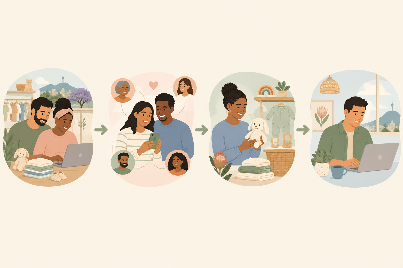 Diagram: A four-step flow diagram showing how a bababloom registry works: parents add items from local stores, share the registry, guests choose a gift, guests check out on the retailer's own site. Friendly icons, soft colours. for Pretoria's Best Baby Boutiques for Thoughtful Gifts