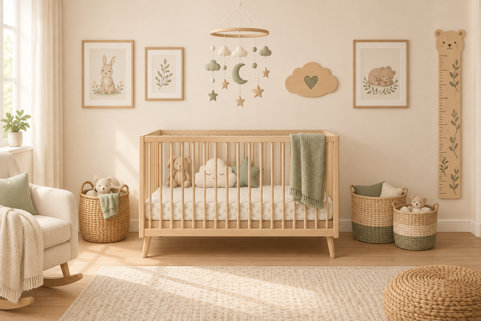 Chart: A simple diagram of a nursery room with labelled decor gift ideas: mobile above the cot, wall art, name sign, cushions, storage baskets and height chart. Soft neutral palette, illustrated style. for Pretoria's Best Baby Boutiques for Thoughtful Gifts