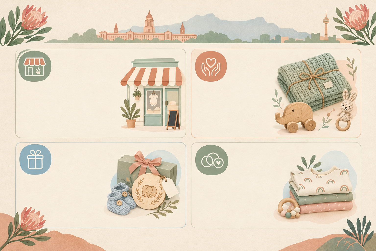 Infographic: A clean, friendly infographic showing a boutique spotlight card layout with space for store name, what they make, best for, gift idea and price range. Soft pastel palette, South African handmade feel, icons for knitted, wooden and personalised items. for Pretoria's Best Baby Boutiques for Thoughtful Gifts