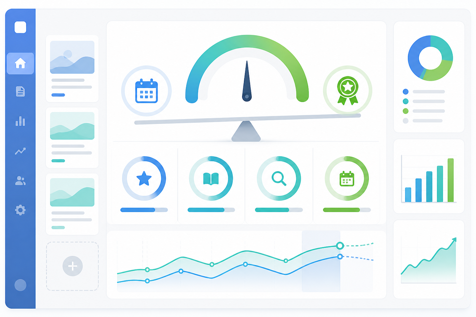 Illustration: A dashboard interface mockup showing a content quality score, readability metrics, and SEO strength indicators for a blog post, clean SaaS product UI style for Publishing Frequency vs. Quality: Finding the Balance