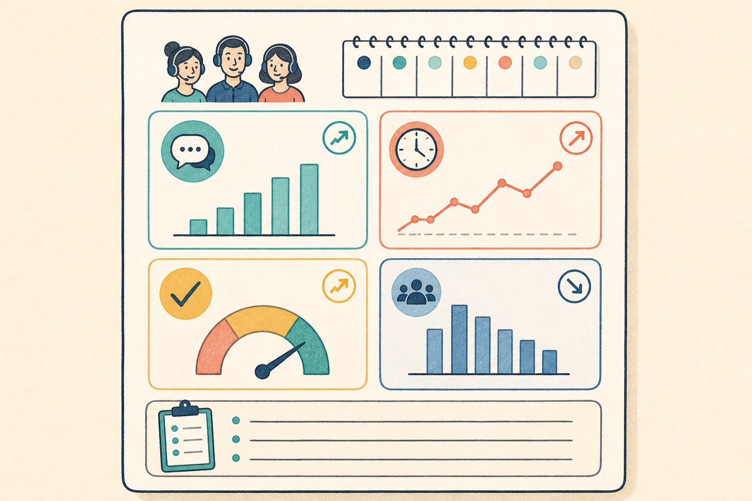 Illustration: A friendly, hand-drawn style template mockup showing a one-page weekly support report with four metric boxes, a trend arrow for each, and a small notes section at the bottom—clean and approachable, not corporate for Reporting Metrics That Actually Matter for Small Support Teams