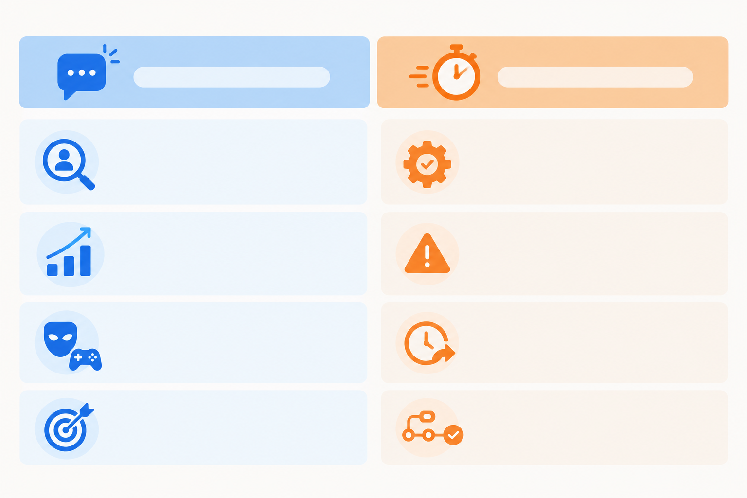 Comparison: A clean comparison table graphic titled 'First Response vs. Resolution Time' with two columns and rows for: what it measures, what it can indicate, how it can be gamed, and best used for. Friendly flat design, soft blue and orange accents, easy-to-read type for Response Time Reporting: What to Track and Why It Matters