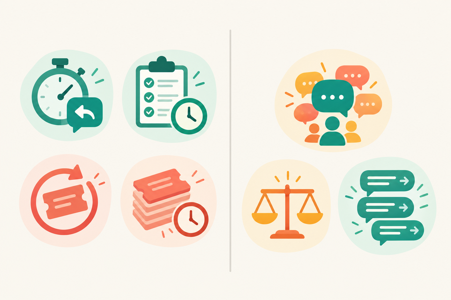 Infographic: An infographic split in two halves: 'Track This' with icons for first response time, resolution time, reopen rate and backlog age, versus 'Take with a pinch of salt' with icons for total conversations, raw average and messages sent. Warm, approachable flat illustration style for Response Time Reporting: What to Track and Why It Matters