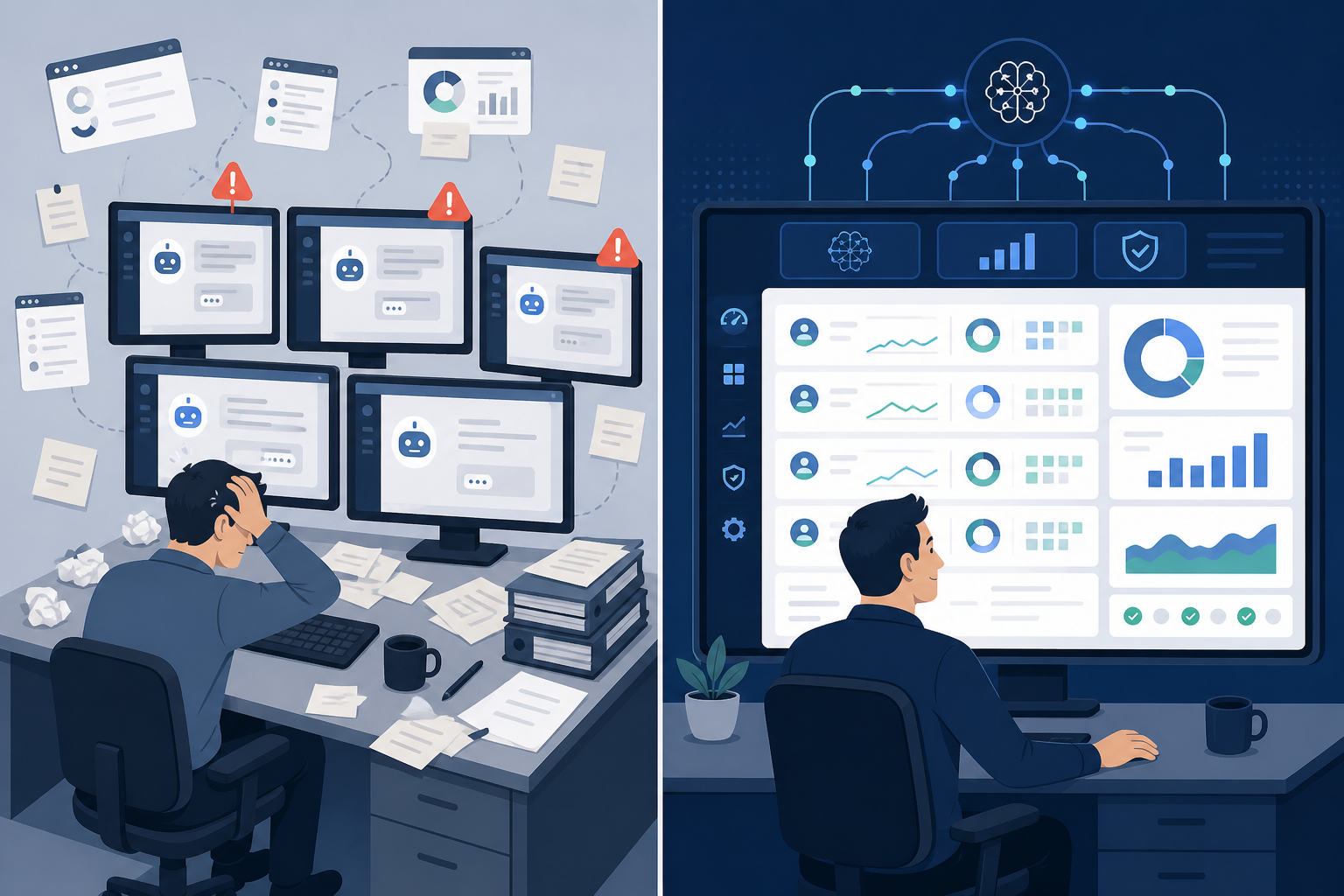 Comparison: A split-screen comparison graphic showing a cluttered desk with an analyst manually checking five different AI chat windows on the left, versus a single unified automated dashboard on the right, flat vector illustration style, blue and grey tones for Scaling AI Visibility Monitoring Across Client Accounts