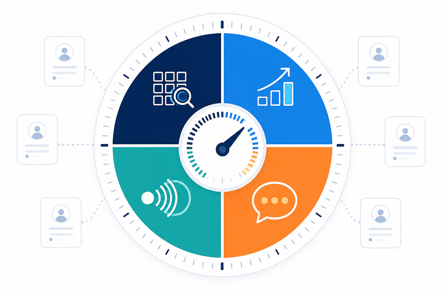 Infographic: An infographic breaking down the AI visibility score into four labeled components: query coverage, position-weighted citations, share of voice, and soft mentions, shown as segments of a circular gauge from 0 to 100, clean flat design for Scaling AI Visibility Monitoring Across Client Accounts