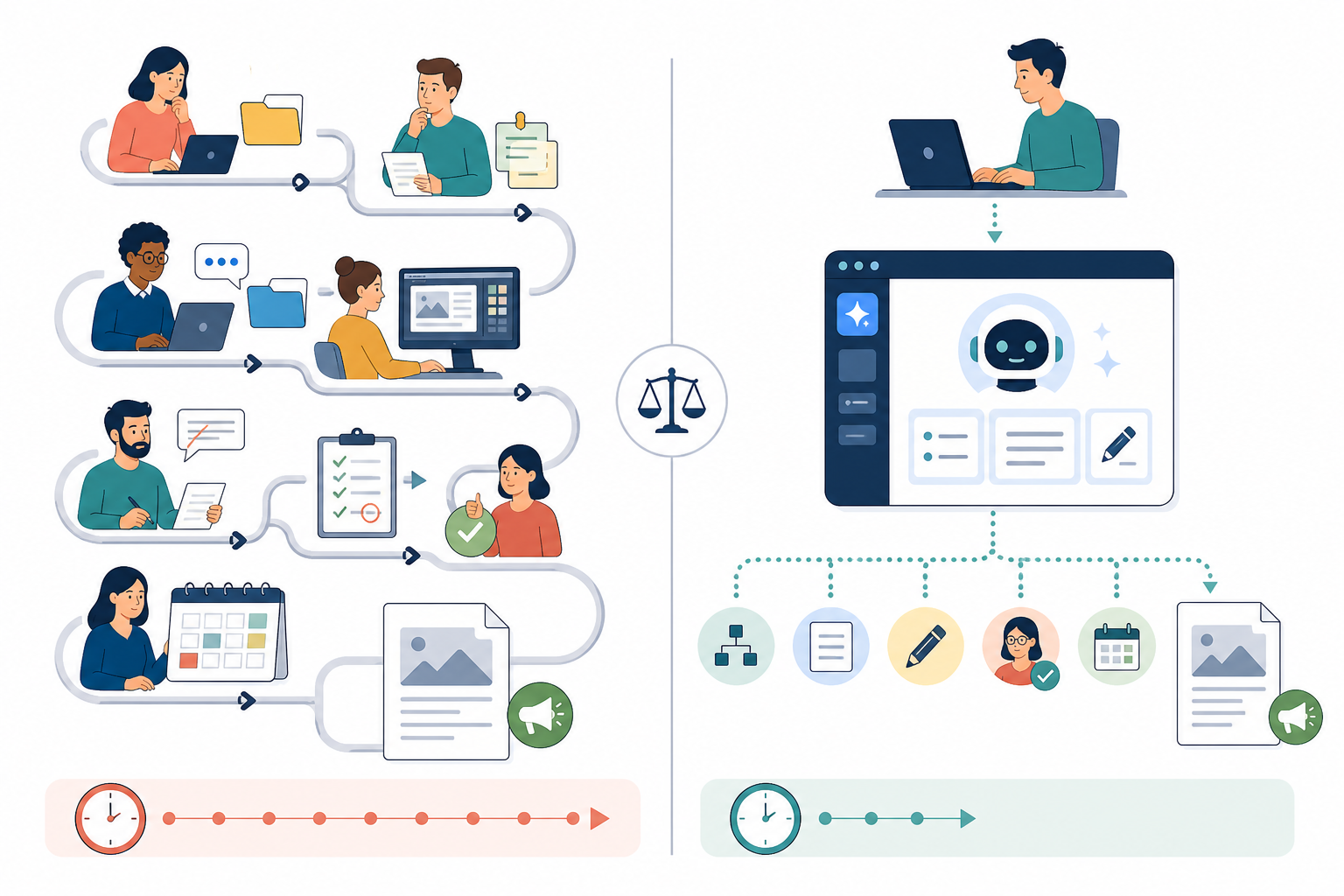 Diagram: A simple side-by-side diagram comparing production steps only traditional content team workflow (multiple people, multiple steps, days of work) versus a solo automated workflow (one person, AI platform plus human review, a fraction of the time) reaching a published blog post, labelled clearly as a comparison of process steps rather than guaranteed quality or results for Scaling Content Without Scaling Your Team: A Solo Guide