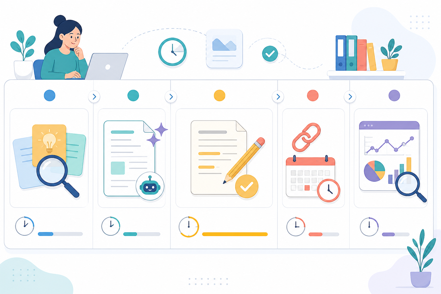 Illustration: A clean weekly calendar graphic showing five workdays each labelled with one task and a realistic time estimate (review topics 25 min, generate and brief draft 30 min, edit and fact-check 45-60 min, link and schedule 20 min, check analytics 15-20 min), minimal icons, friendly colour palette for Scaling Content Without Scaling Your Team: A Solo Guide