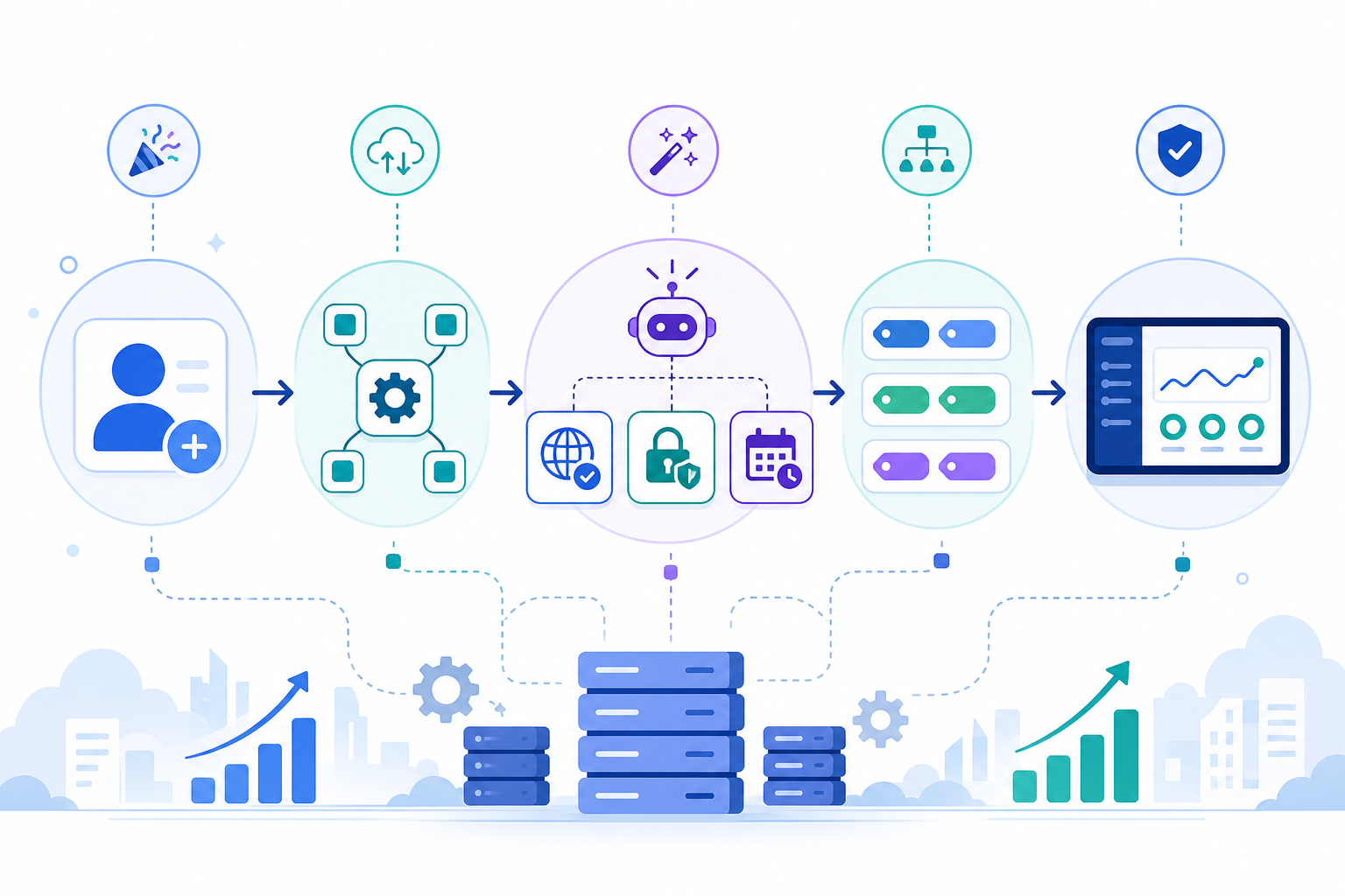 Diagram: A simple diagram showing an automated workflow: new client onboarded triggers an API call that creates HTTP, SSL, and cron monitors automatically, tagged and added to a status page for Scaling Your Monitoring Strategy as Your Infrastructure Grows