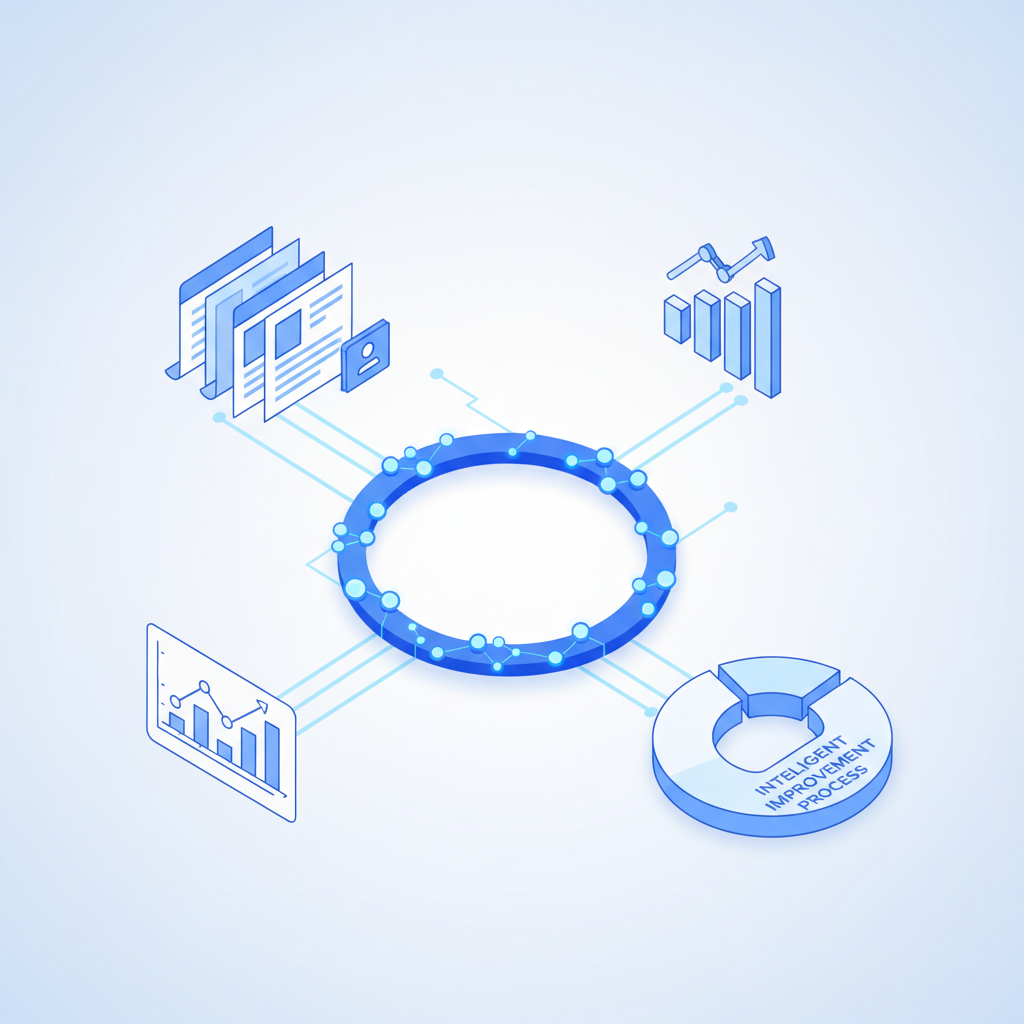 Chart: A modern, clean illustration showing an interconnected feedback loop with content documents, performance charts, and glowing neural network connections, suggesting continuous improvement and learning, professional marketing aesthetic with blue and white color scheme for Self-Learning AI: How Smart Content Systems Get Better