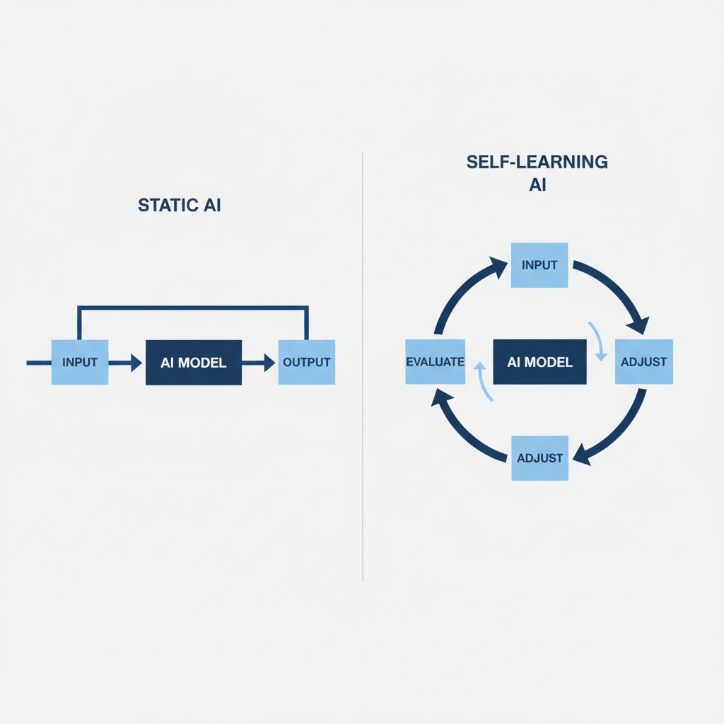 Diagram: Simple diagram comparing static AI (single arrow from input to output) versus self-learning AI (circular feedback loop with publish, measure, learn, improve stages), clean infographic style for Self-Learning AI: How Smart Content Systems Get Better