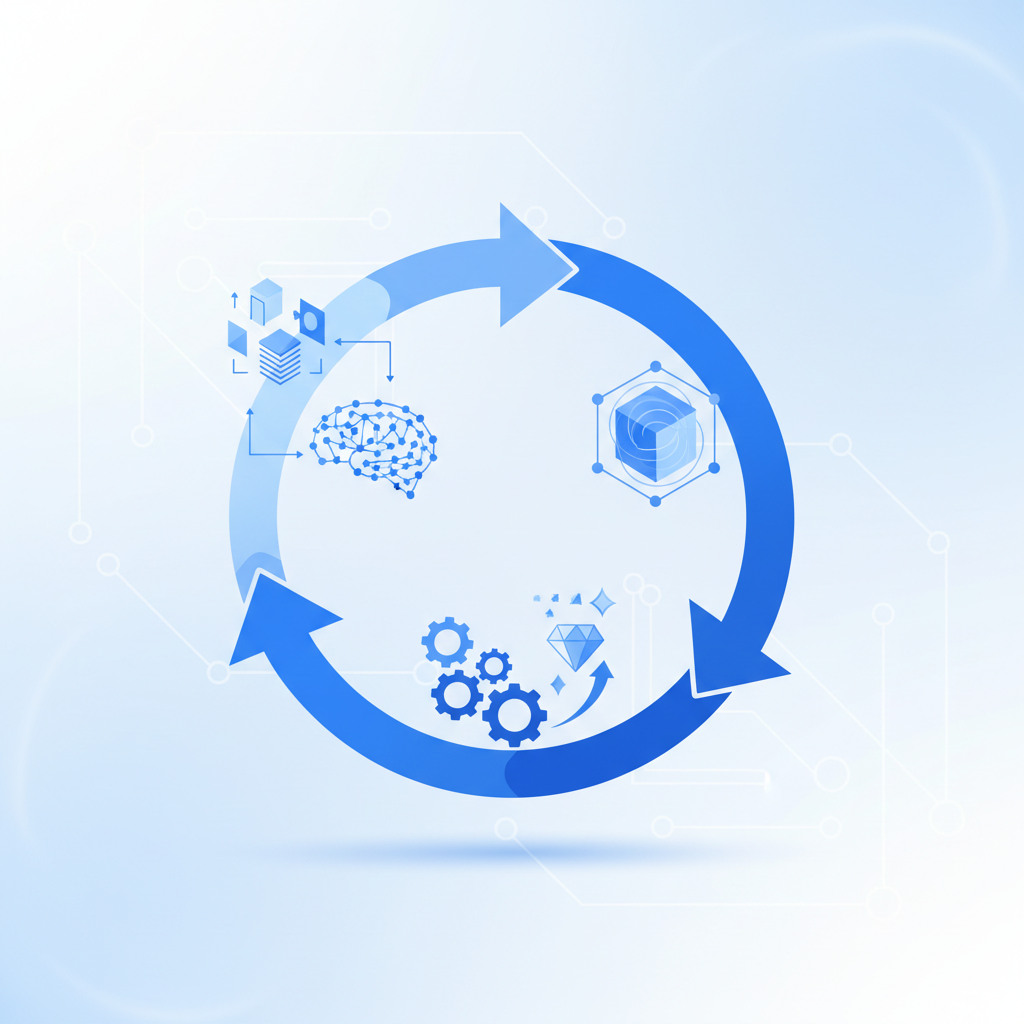 Illustration: A minimalist illustration showing a circular feedback loop with content documents flowing through analysis, learning, and improvement stages, using clean blue and white tones with subtle tech elements suggesting AI processing for Self-Learning AI: How Your Content Gets Smarter Over Time