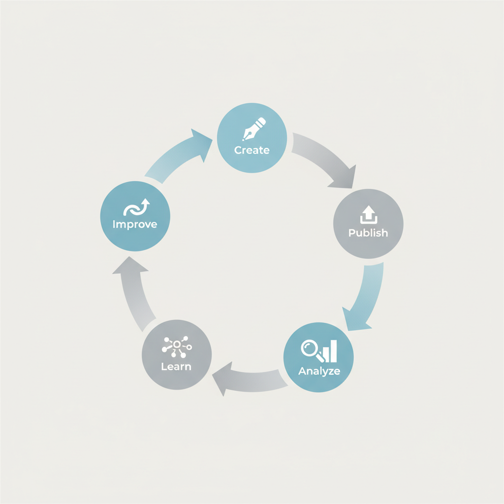 Diagram: A simple diagram showing the self-learning content cycle: Create → Publish → Analyze Performance → Learn Patterns → Improve Next Content → Create, with arrows connecting each stage in a continuous loop for Self-Learning AI: How Your Content Gets Smarter Over Time