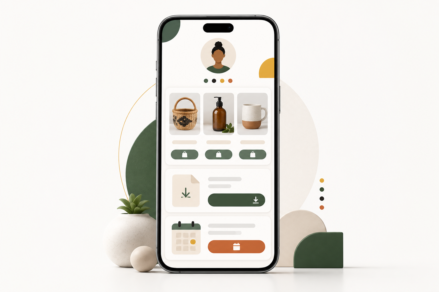 Illustration: A clean mockup of a mobile phone screen showing a link-in-bio style sales page with sections for products, digital downloads, service bookings, and event tickets, minimalist UI design, bright and friendly color palette