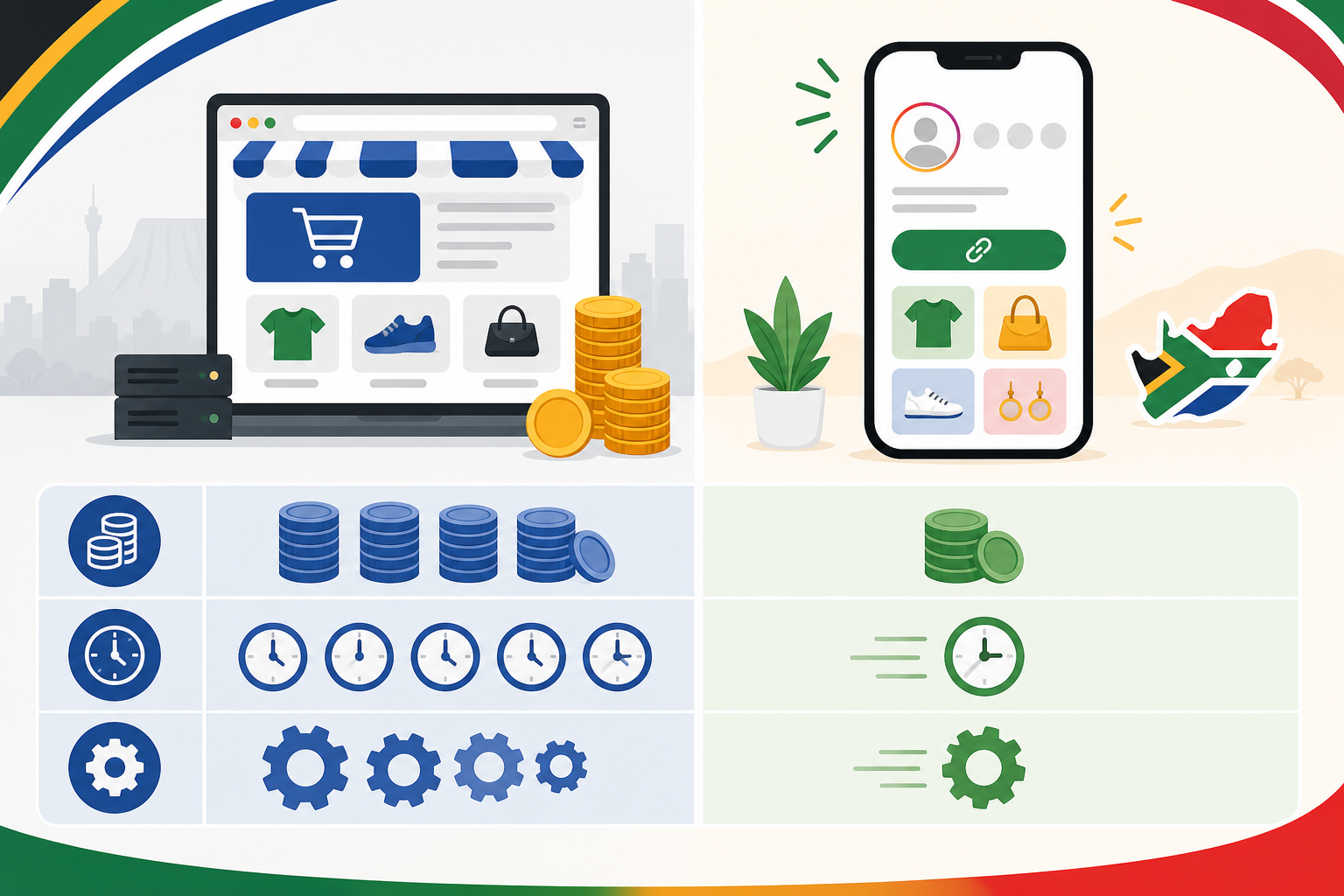 Comparison: A simple two-column comparison table graphic contrasting 'Traditional Website' vs 'Link-in-Bio Store' across cost, setup time, and technical skill needed for Sell Online Without a Website: A Beginner's Guide for SA