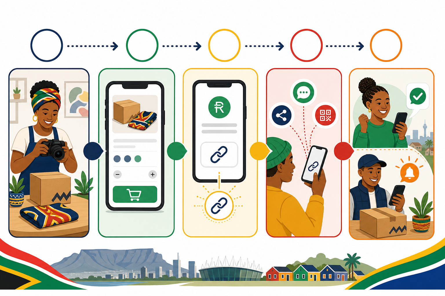 Infographic: A simple 5-step numbered infographic showing the process of creating a product, adding checkout, and sharing a link, flat illustration style, South African small business context for Sell Online Without a Website: A Beginner's Guide for SA