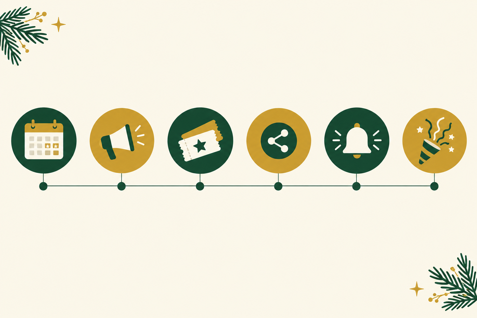 Infographic: Clean horizontal timeline infographic showing 8 weeks, 6 weeks, 4 weeks, 2 weeks, 1 week and event day milestones for selling holiday event tickets, with simple icons and a festive green and gold palette for Selling Event Tickets This Holiday Season: A Host's Guide