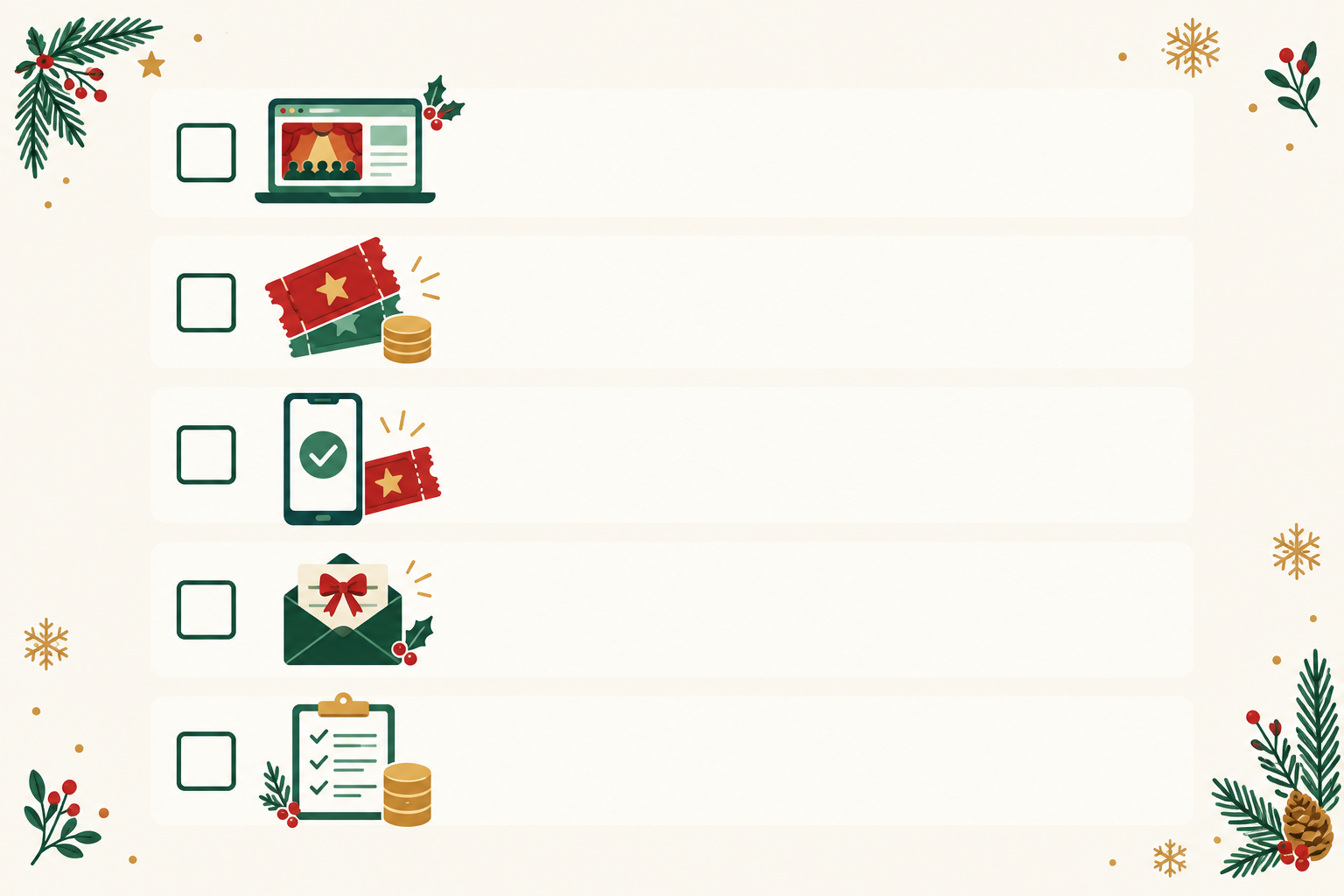Infographic: Printable-style checklist infographic for hosts launching holiday event tickets, with tick boxes for page setup, pricing, test purchase, reminders and record-keeping, in festive colours for Selling Event Tickets This Holiday Season: A Host's Guide