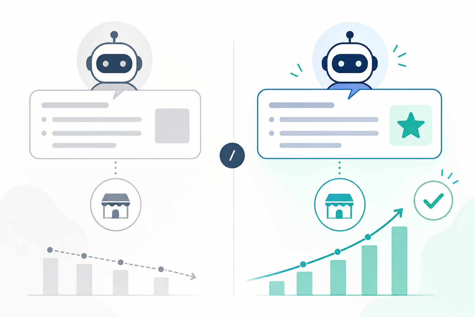 Comparison: A simple two-column comparison graphic showing 'Mention' vs 'Recommendation' with example AI response snippets under each, clean flat design with subtle icons for Sentiment Matters: Why AI Mentions Aren't Enough for Founders