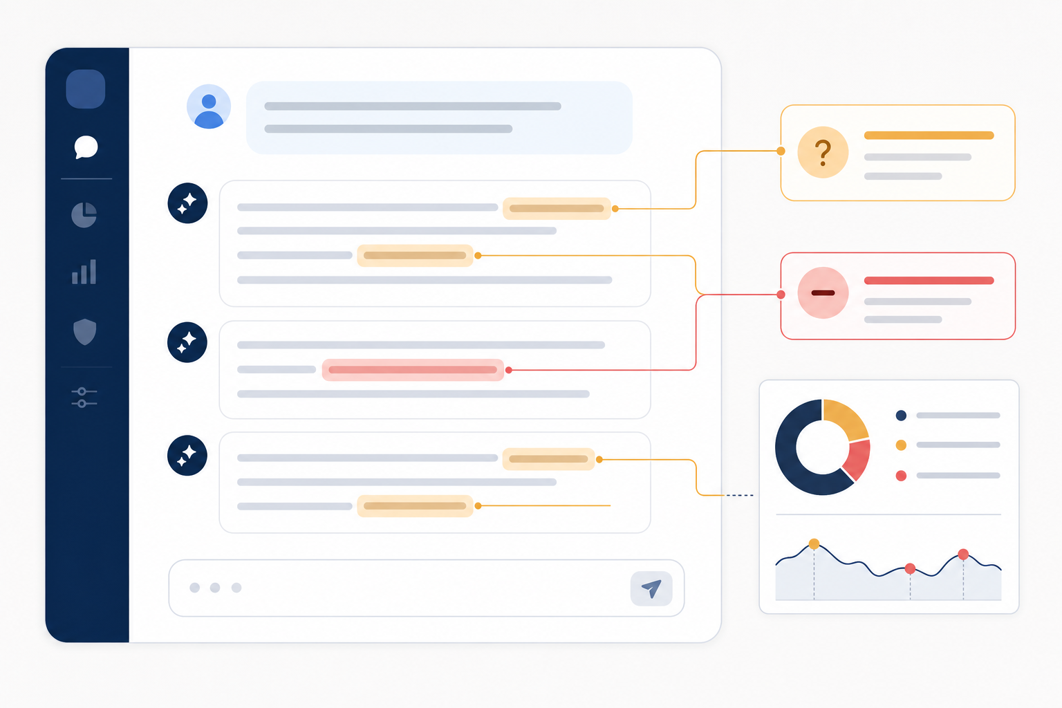 Illustration: A mock chat interface screenshot style graphic showing an AI response with hedging phrases highlighted in amber and negative framing highlighted in red, annotated with small callout labels for Sentiment Matters: Why AI Mentions Aren't Enough for Founders