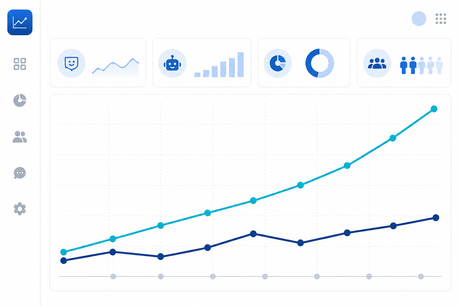 Illustration: A line graph dashboard mockup showing two separate trend lines — sentiment score and mention count — over an eight-week period, illustrating how the two metrics can diverge even when both appear to be moving in a positive direction. Alt text: SaaS-style analytics dashboard mockup in blue and white showing sentiment score and mention count as separate trend lines over eight weeks. for Sentiment Matters: Why AI Mentions Aren't Enough