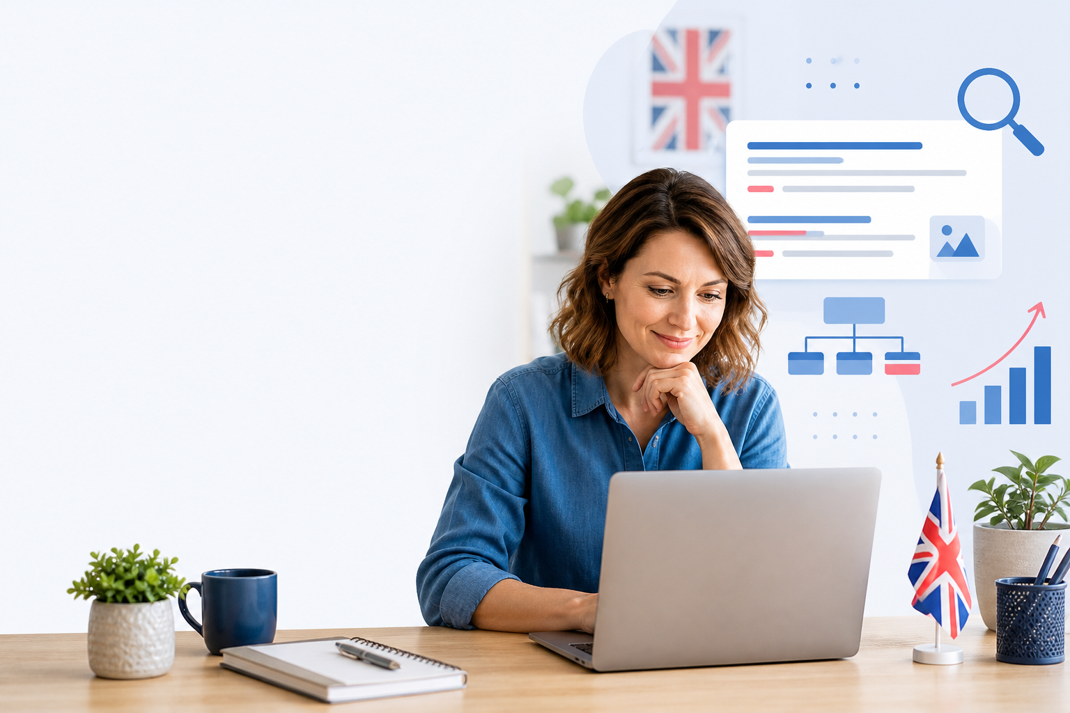 Illustration: A header image showing a small business owner reviewing a blog post draft on a laptop, with search result snippets and a UK flag subtly incorporated in the background for SEO Best Practices for AI-Generated Blog Posts in 2024