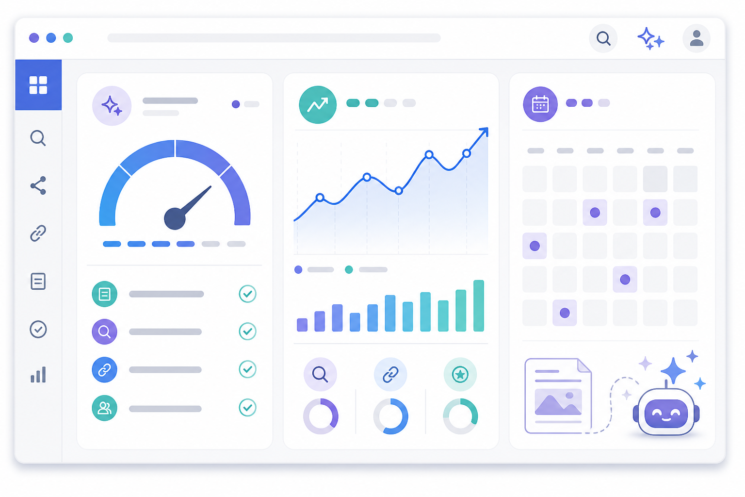 Illustration: A dashboard-style mockup illustrating quality scores, traffic analytics, and a publishing schedule for AI-generated blog posts — an illustrative example only, not a screenshot of a specific product for SEO Best Practices for AI-Generated Blog Posts in 2024