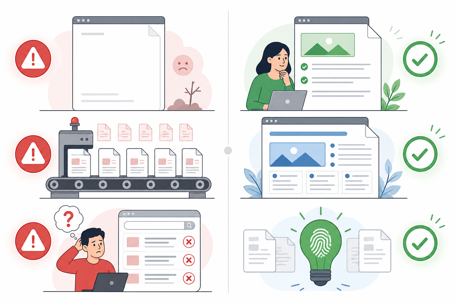 Infographic: A simple, clean infographic contrasting 'What Google Penalizes' (thin content, scaled spam, unhelpful pages) versus 'What Google Rewards' (helpful, well-structured, original content), using two columns with icons for SEO Best Practices for AI-Generated Blog Posts That Rank