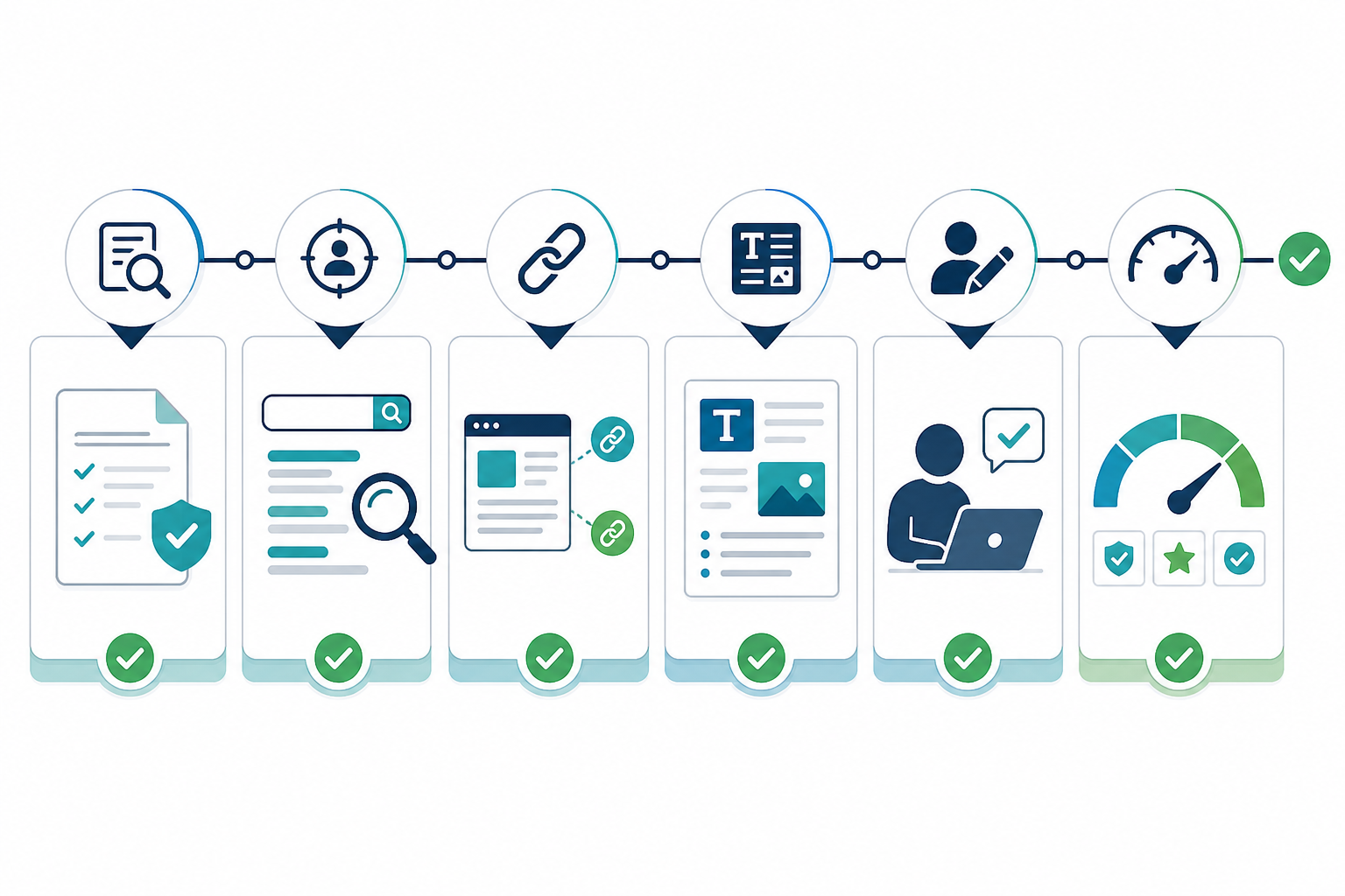 Chart: A visual checklist graphic showing five to six pre-publish checkpoints for AI-generated content, such as fact-check, links, formatting, and quality score, styled like a clean editorial workflow chart for SEO Best Practices for AI-Generated Blog Posts That Rank