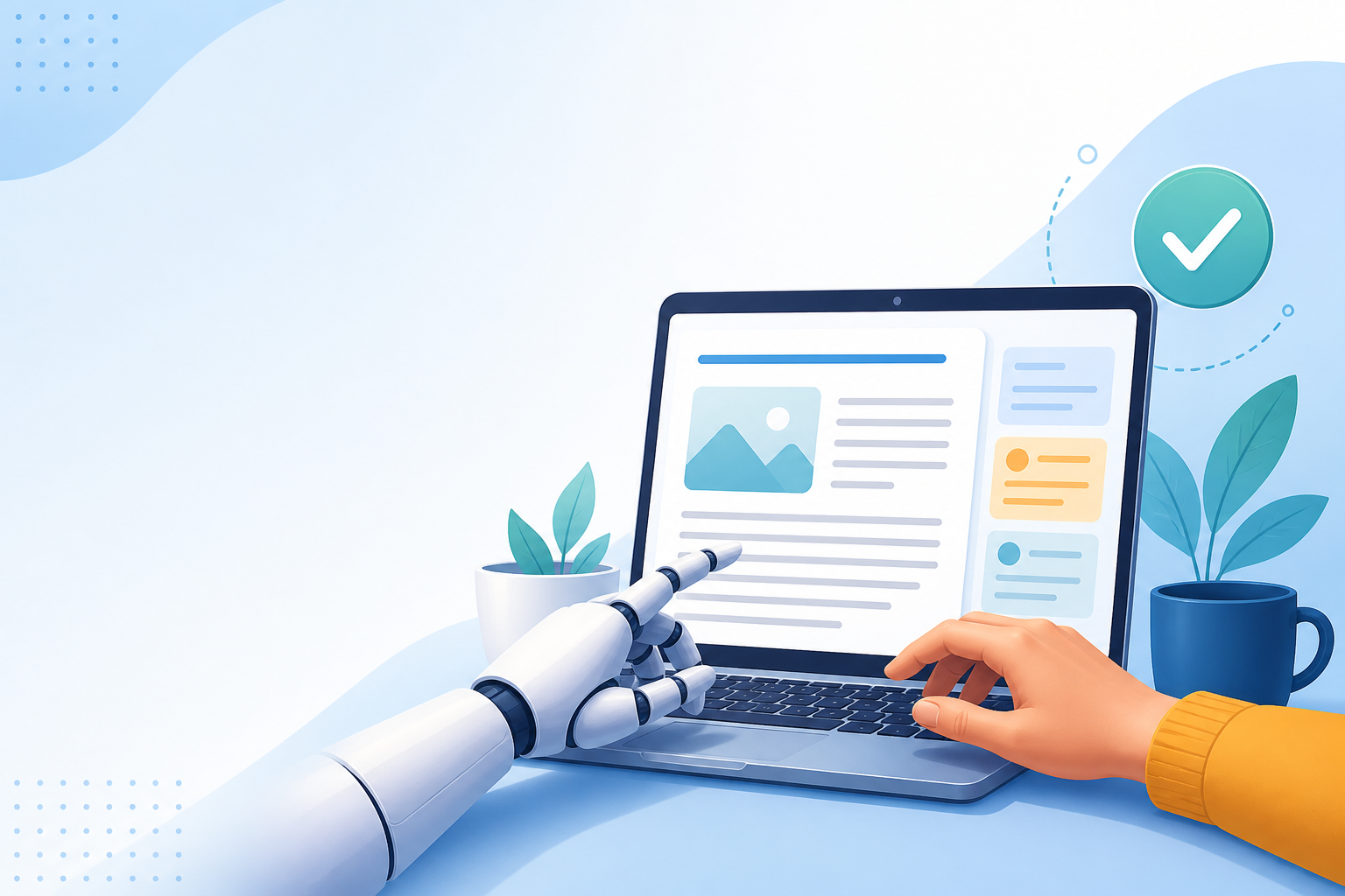 Illustration: A friendly header graphic showing a robot hand and a human hand jointly editing a blog post on a laptop screen, with a small checkmark icon representing quality, in a clean modern editorial style for SEO Best Practices for AI-Generated Blog Posts That Rank