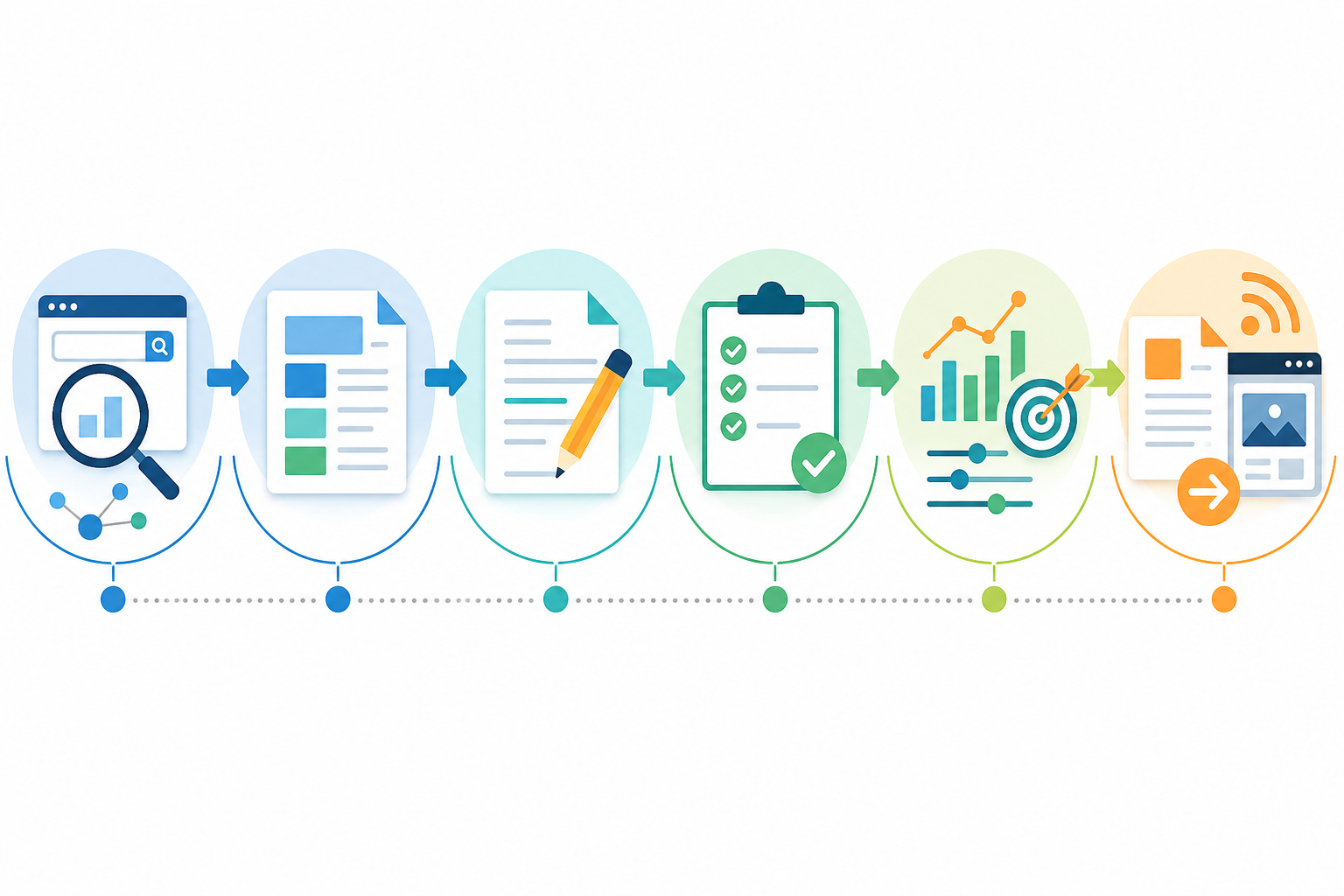 Infographic: An infographic showing the step-by-step journey from keyword research to published blog post: research, outline, draft, review, publish, with small icons representing each stage. for SEO Keyword Research Made Simple With Data-Driven Tools