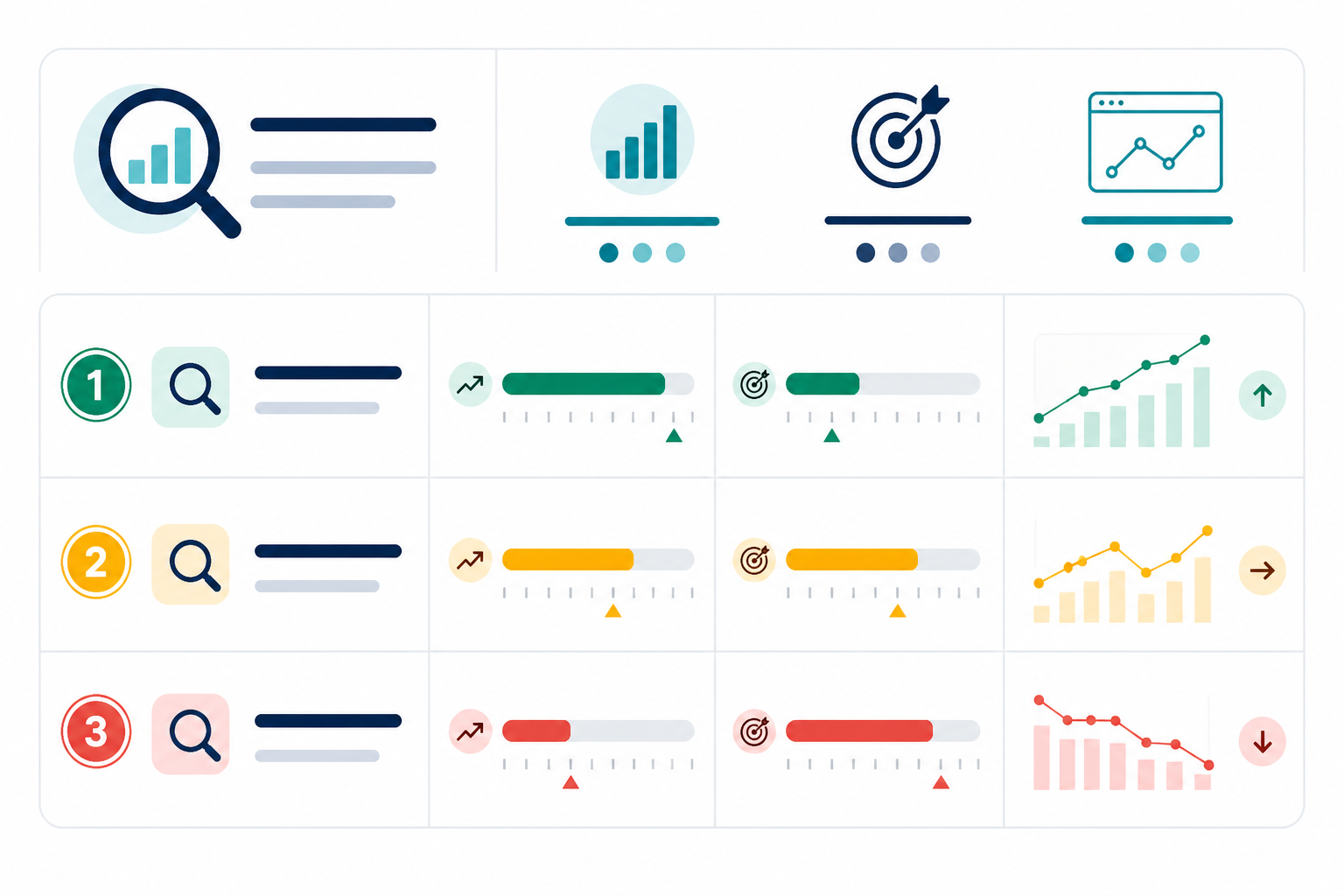 Chart: A comparison chart showing three keyword options ranked by search volume, ranking difficulty, and historical content performance score, styled as a clean data table with colour-coded priority levels. for SEO Keyword Research Made Simple With Data-Driven Tools
