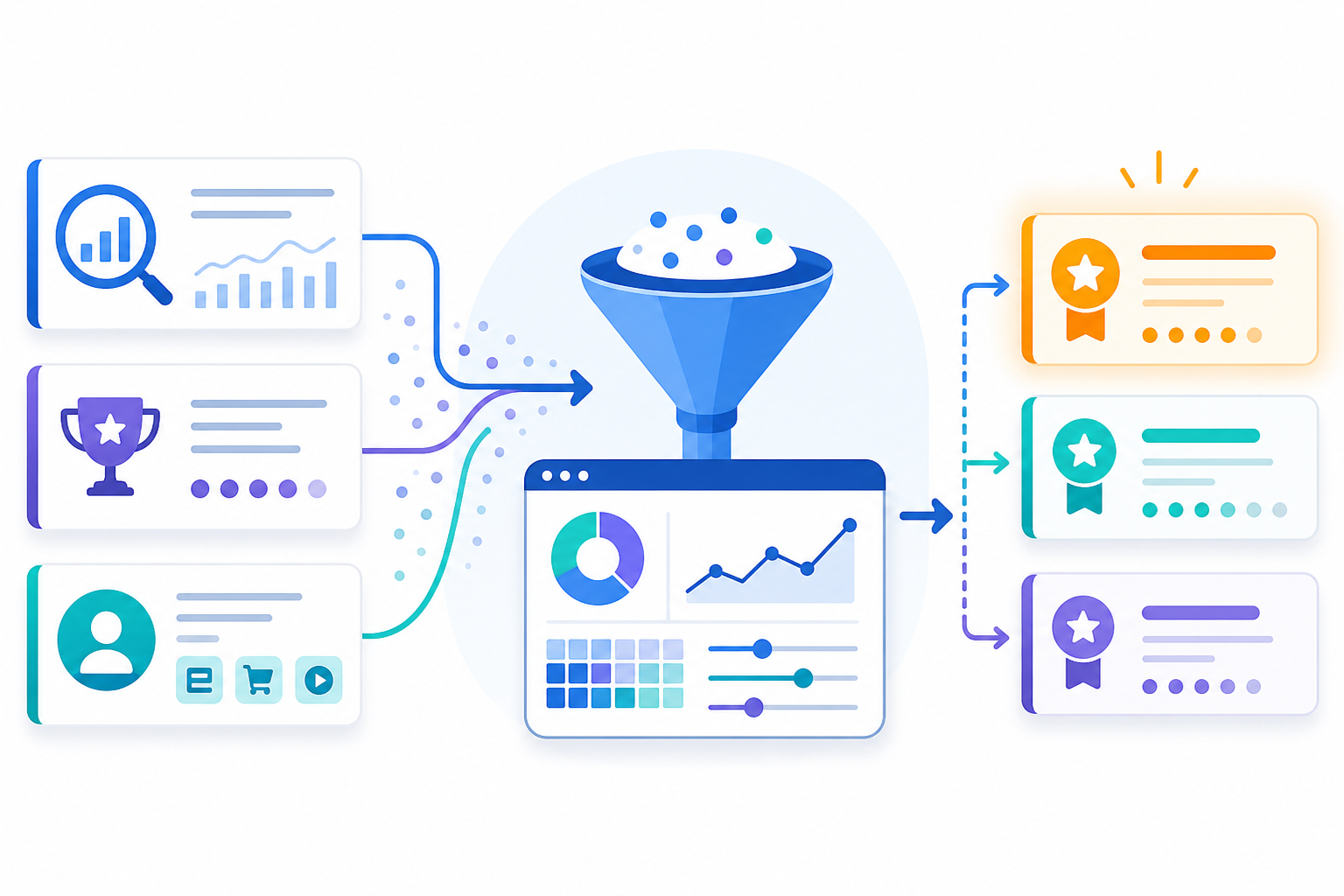 Diagram: A simple diagram showing the flow from raw search data (volume, competition, intent) into a filtered list of prioritised keyword opportunities, using clean icons and arrows in a flat design style. for SEO Keyword Research Made Simple With Data-Driven Tools