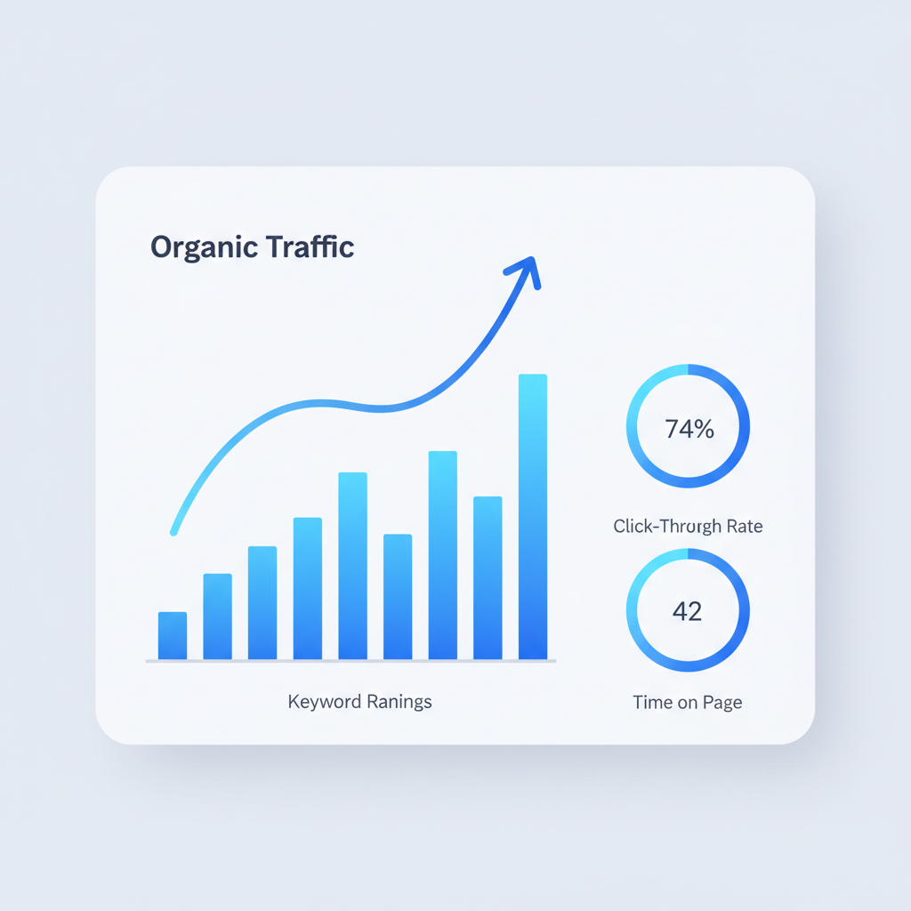 Chart: Dashboard-style chart showing key SEO metrics including traffic growth line graph, keyword rankings bar chart, and engagement metrics with upward trending indicators for SEO Tips for AI-Generated Blog Posts That Actually Rank
