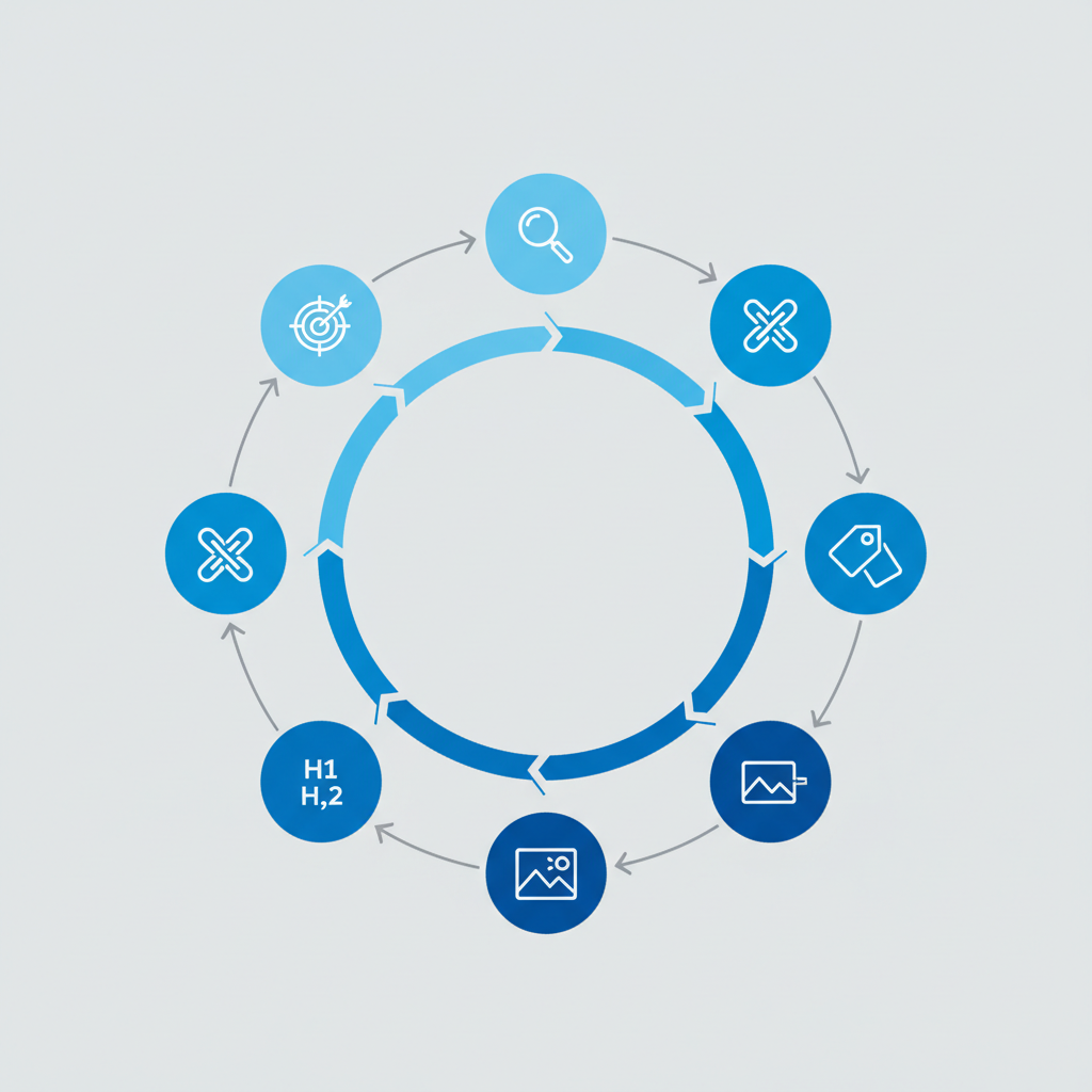 Infographic: Infographic showing 7 numbered optimization steps arranged in a circular workflow, with icons representing each step: research, intent, links, meta tags, headings, images, and schema markup for SEO Tips for AI-Generated Blog Posts That Actually Rank