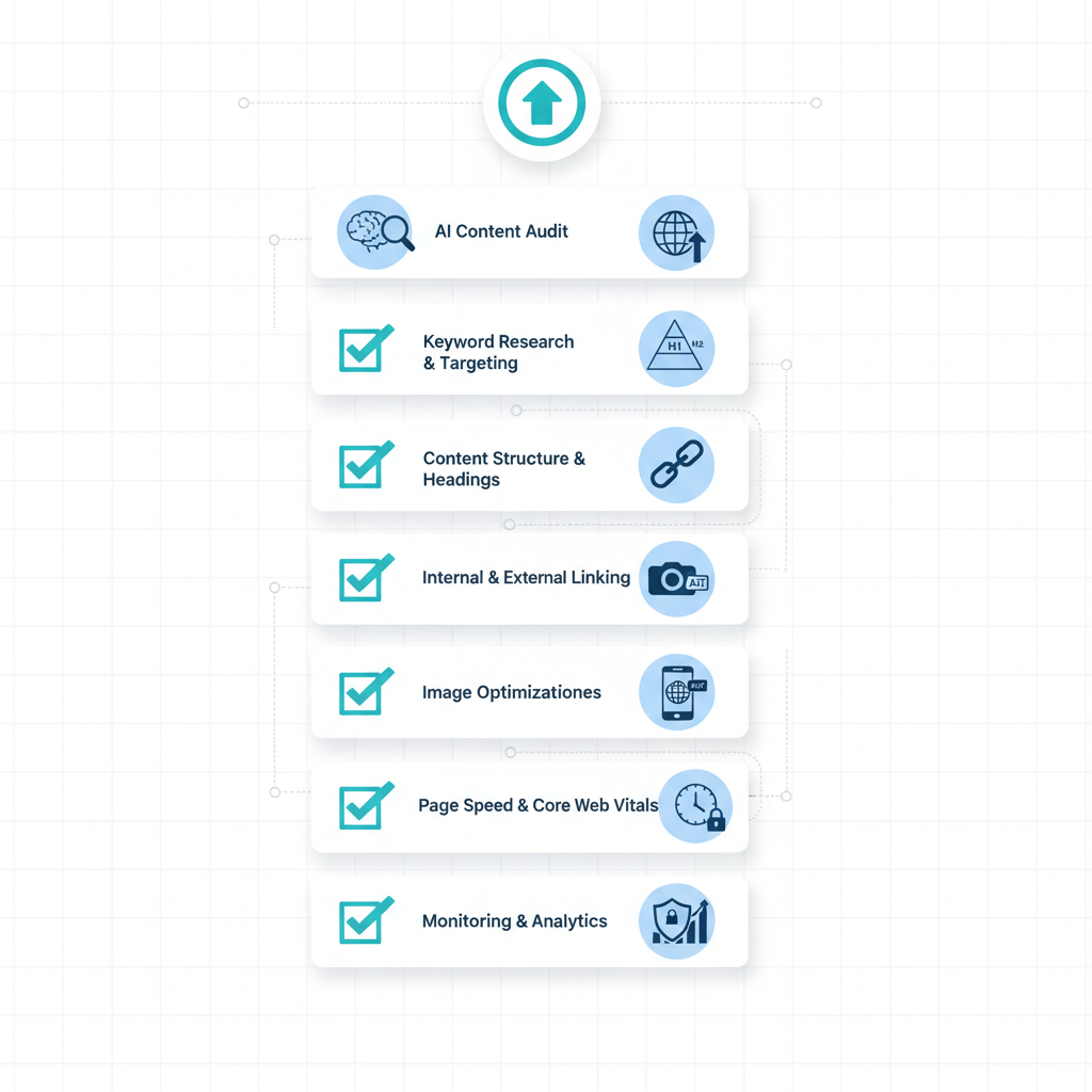 Illustration: Clean checklist design with 9 items, checkbox styling, professional colors, showing the pre-publish workflow for optimizing AI content for SEO Tips for AI-Generated Blog Posts That Actually Rank