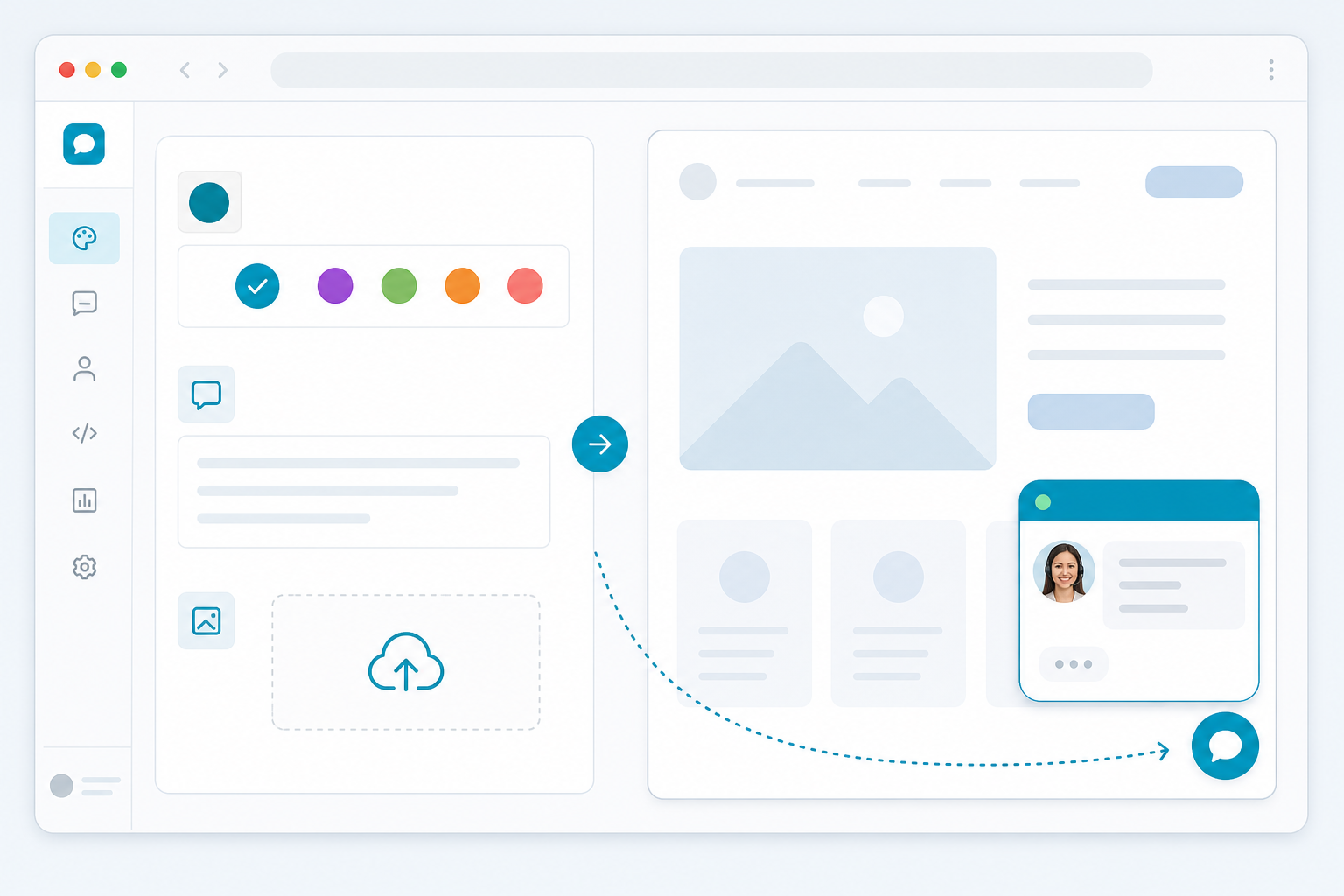Illustration: style mockup of a widget customization panel showing colour picker, greeting message field, and logo upload, with a live preview of the chat bubble on the right side for Set Up a Live Chat Widget in Under 5 Minutes (No Code)