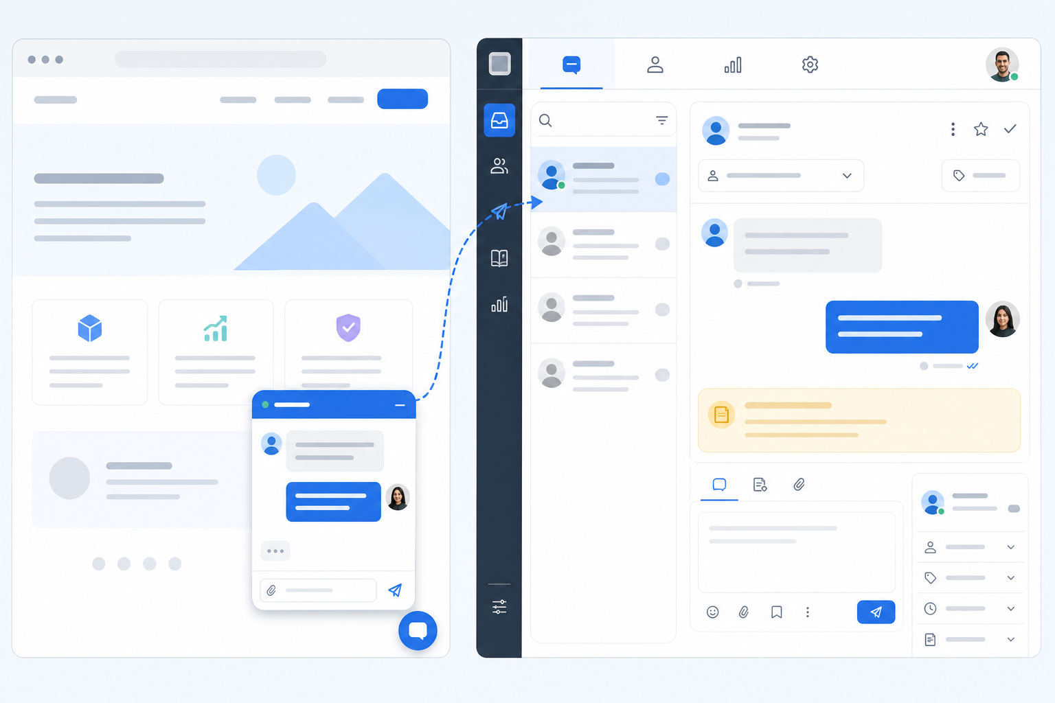 Illustration: Split-screen screenshot mockup showing a customer-facing chat widget on the left with a test message, and a shared team inbox on the right showing the same message with an assign and internal note option for Set Up a Live Chat Widget in Under 5 Minutes (No Code)