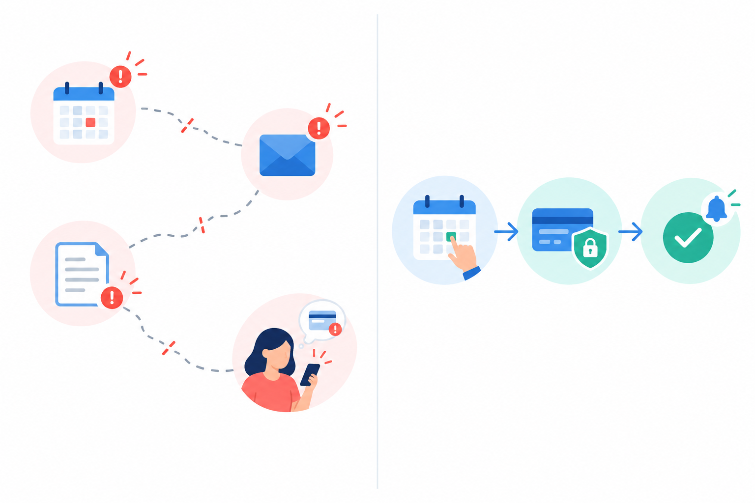 Diagram: Side-by-side diagram comparing a fragmented workflow (calendar app, email, invoice, payment chase, with several gaps highlighted in red) versus a single streamlined flow (client picks time, pays, instant confirmation), clean flat design for Set Up Online Bookings That Get You Paid Instantly
