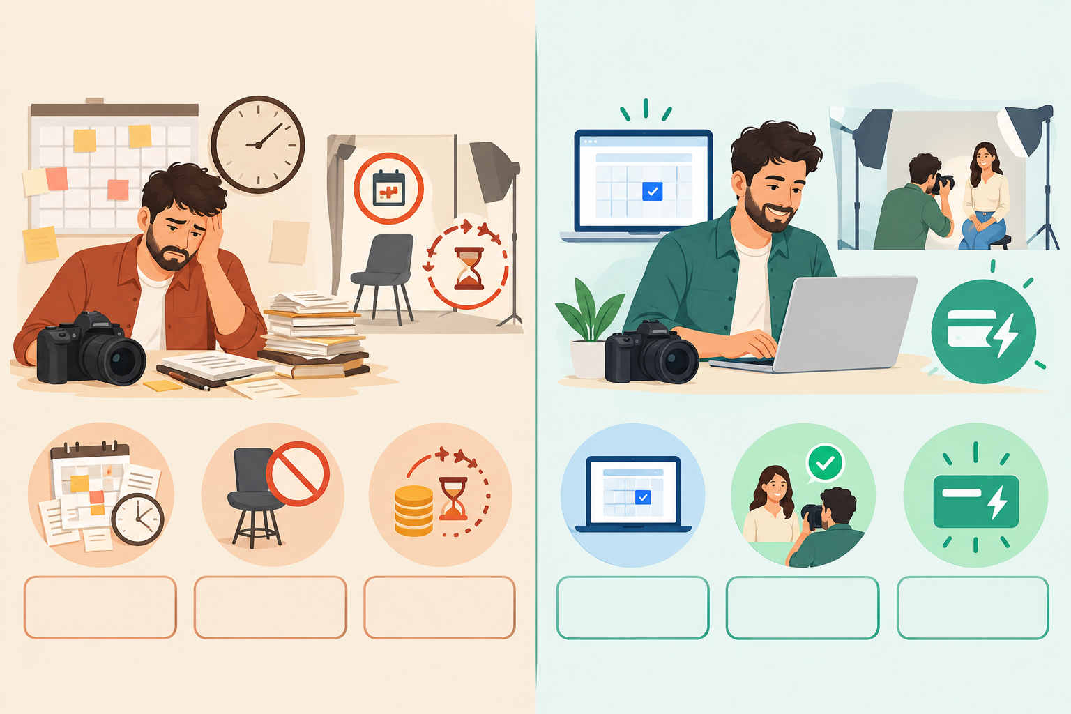 Infographic: Infographic showing 'before vs after' for a freelance photographer: hours spent on admin, number of no-shows per month and days to get paid, using simple icons and bold numbers (clearly labelled as illustrative) for Set Up Online Bookings That Get You Paid Instantly