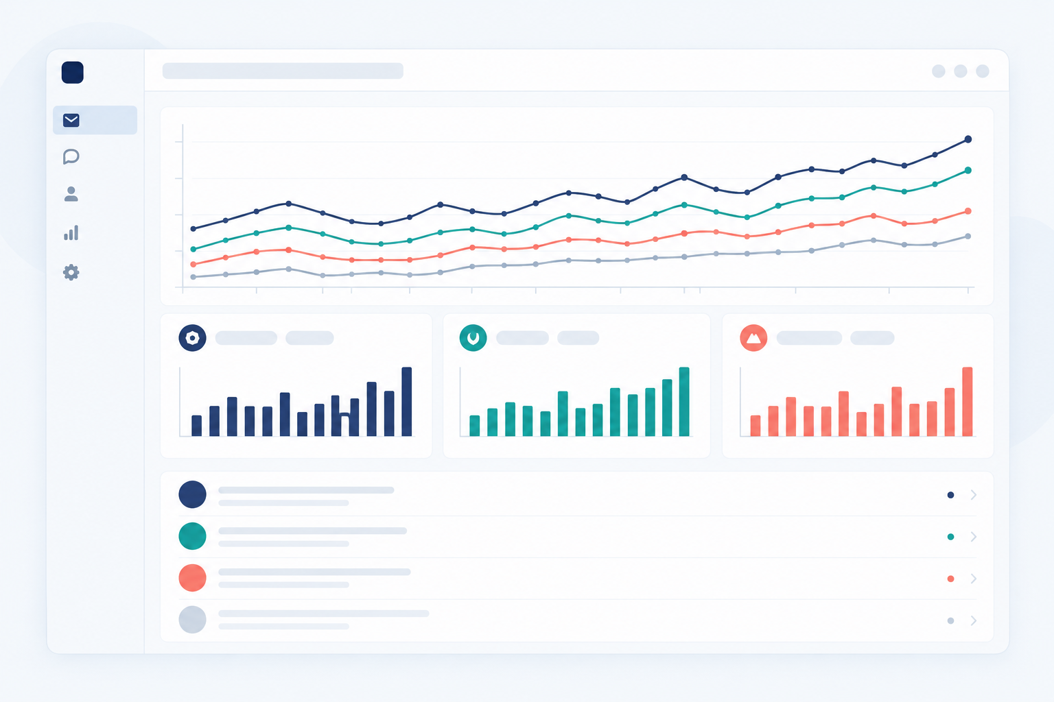 Chart: A simple dashboard mockup showing a combined response-time chart alongside filtered bar charts for each brand, with labelled tags and a clean modern interface for Setting Up a Unified Inbox Across Multiple Brands