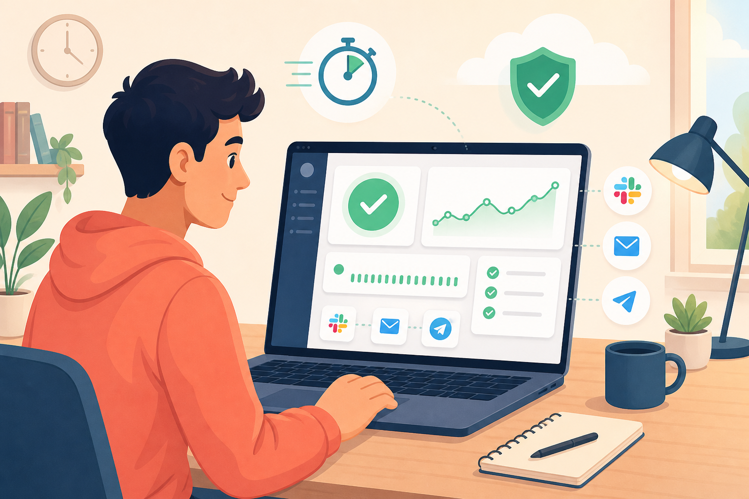 Illustration: A clean, modern illustration of a founder at a laptop setting up a website monitoring dashboard, with a friendly UI showing a green "up" status, alert icons (Slack, email, Telegram), and a simple checklist, warm and approachable color palette for Setting Up Website Monitoring in Under 5 Minutes: A Founder's Guide