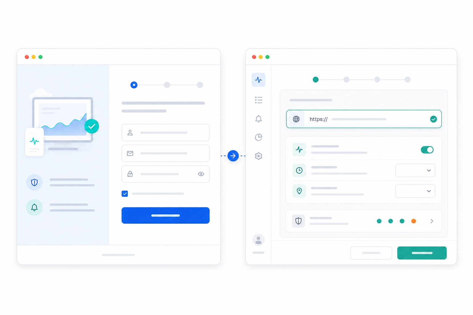 Illustration: style mockup of a clean monitoring dashboard sign-up form and the 'Add Monitor' screen with a URL input field for Setting Up Website Monitoring in Under 5 Minutes: A Founder's Guide