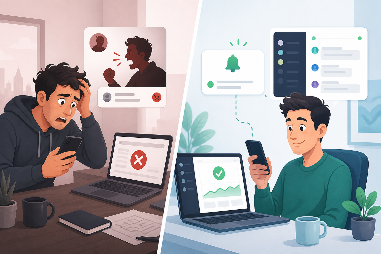 Illustration: A split-screen illustration showing a stressed founder discovering their site is down via an angry customer tweet versus a calm founder getting a Slack alert notification first for Setting Up Website Monitoring in Under 5 Minutes: A Founder's Guide