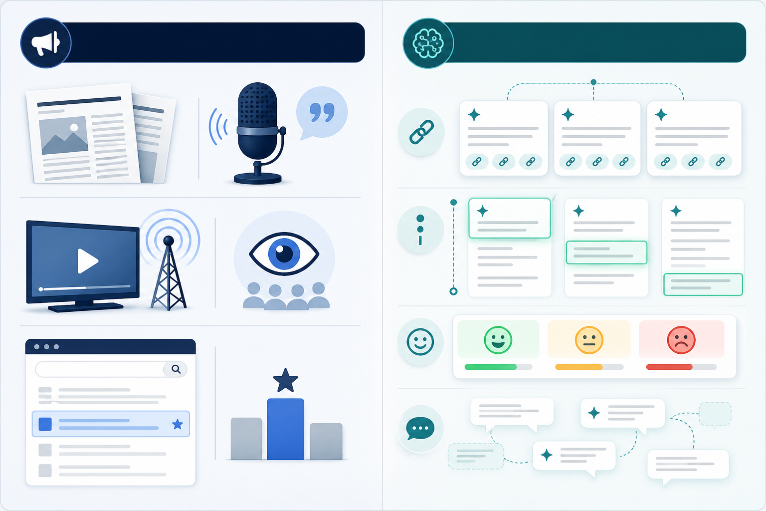 Comparison: A side-by-side comparison table graphic contrasting traditional share of voice metrics (media mentions, ad impressions, search rank) with AI share of voice metrics (citation frequency, position weighting, sentiment, soft mentions) — use this to show a reader at a glance why the inputs to each metric are structurally different, not just relabelled for Share of Voice in AI Answers: A New Metric for Marketers