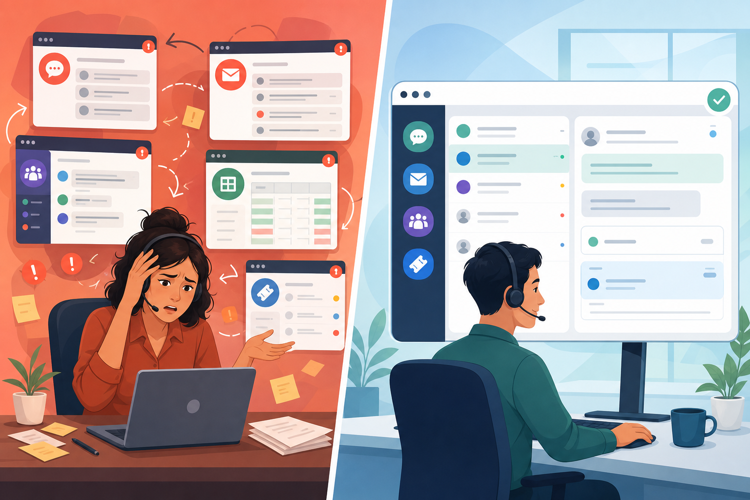 Illustration: A split-screen illustration showing a stressed support agent surrounded by five separate app windows (chat, email, Slack, spreadsheet, ticketing tool) on one side, versus a calm agent with one unified inbox screen on the other side for Shared Inbox vs. Multiple Support Tools: Why Consolidation Wins
