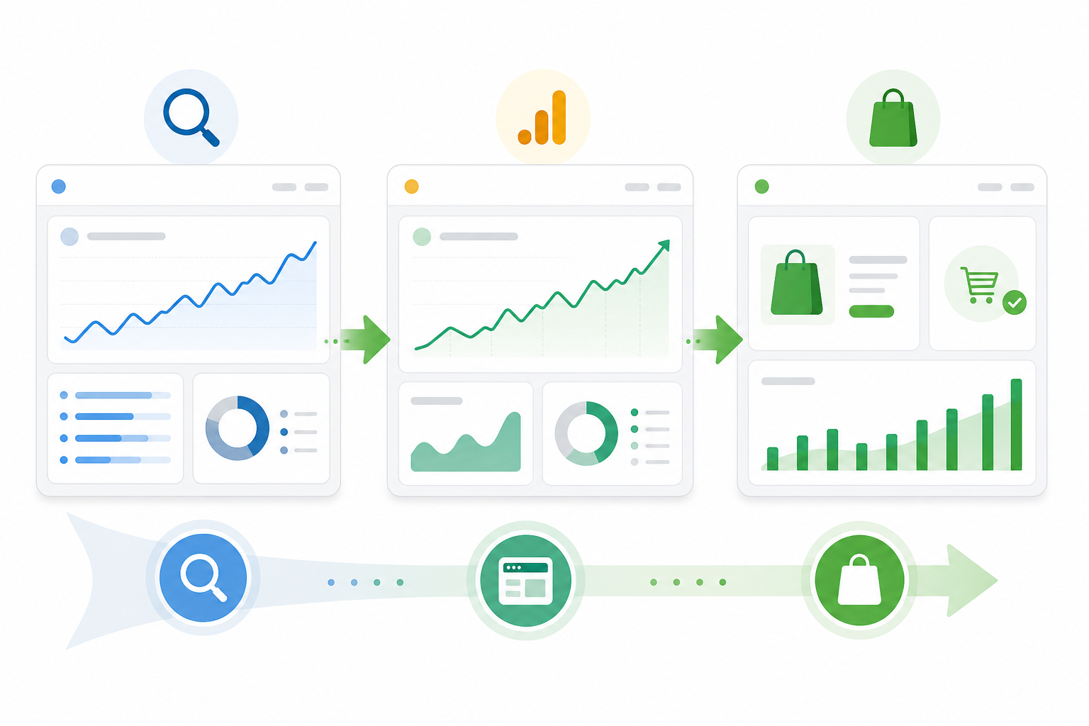 Illustration: A simple dashboard mockup showing Google Search Console impressions, GA4 organic sessions, and Shopify Analytics sales side by side, with an arrow showing the funnel from search to purchase, clean minimal style with green accent colours for Shopify Blog Automation: A Guide for E-Commerce Brands