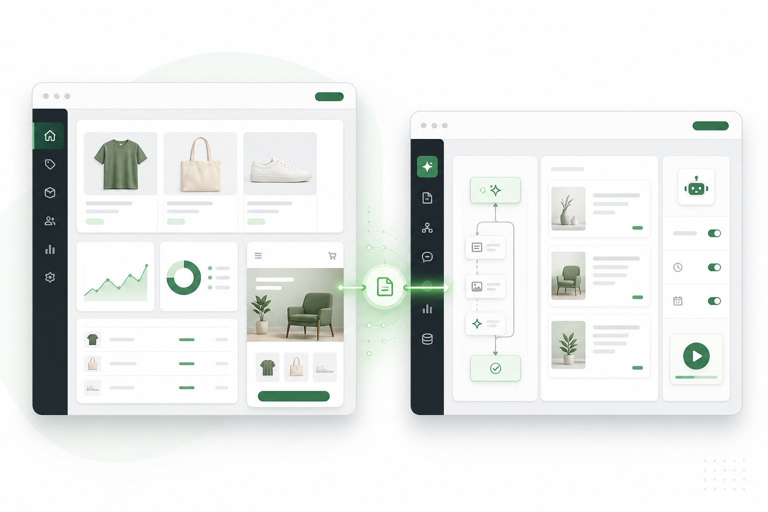 Illustration: A Shopify store dashboard shown alongside an AI content platform interface, connected by a glowing line representing an active integration, clean minimal style with green accent colours for Shopify Blog Automation: A Guide for E-Commerce Brands